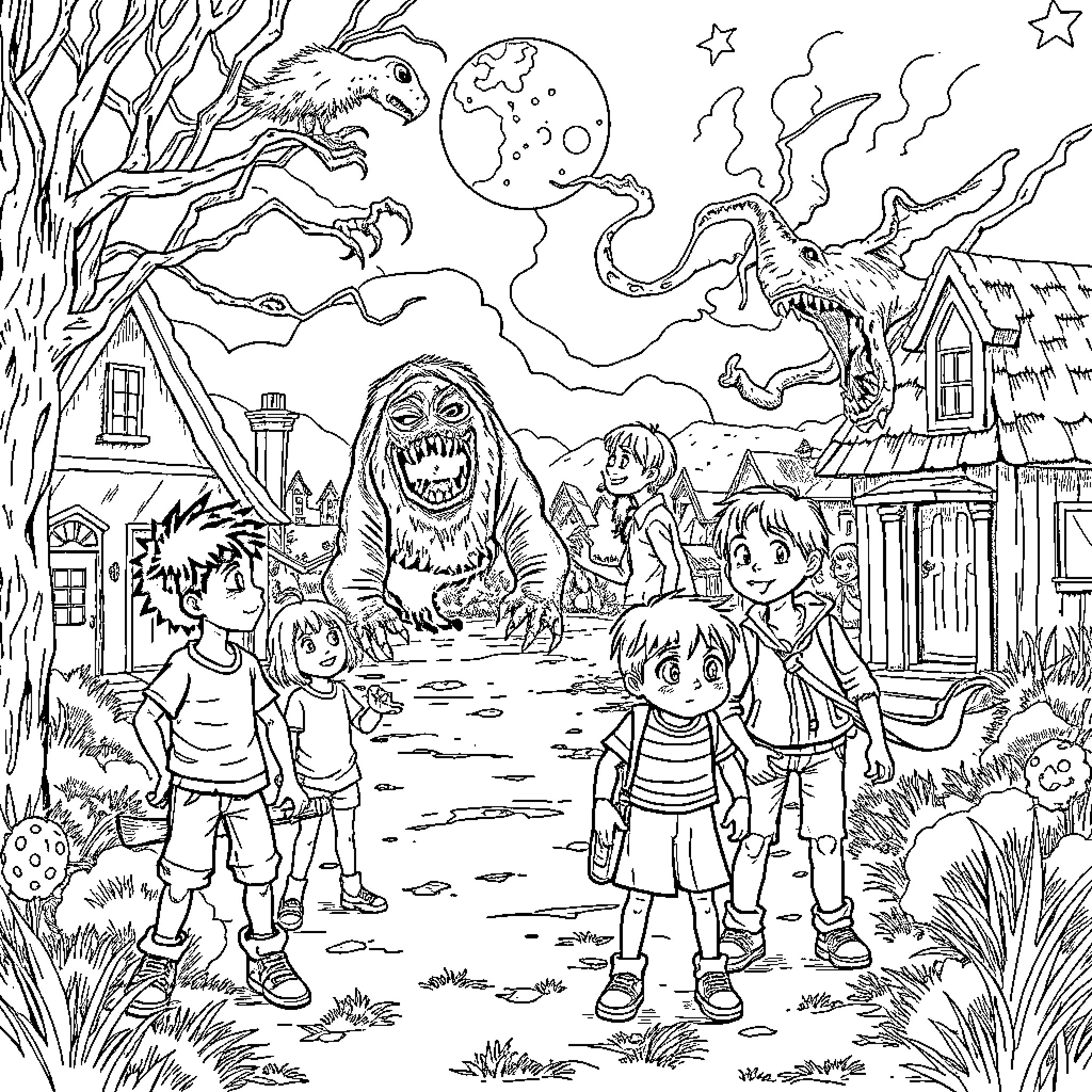 Stranger Things: Frightening Nighttime Encounter in a Mysterious Village Coloring Page (free black-and-white line drawing printable PDF for all, from beginners to advanced learners, including children, teens, adults, and seniors)