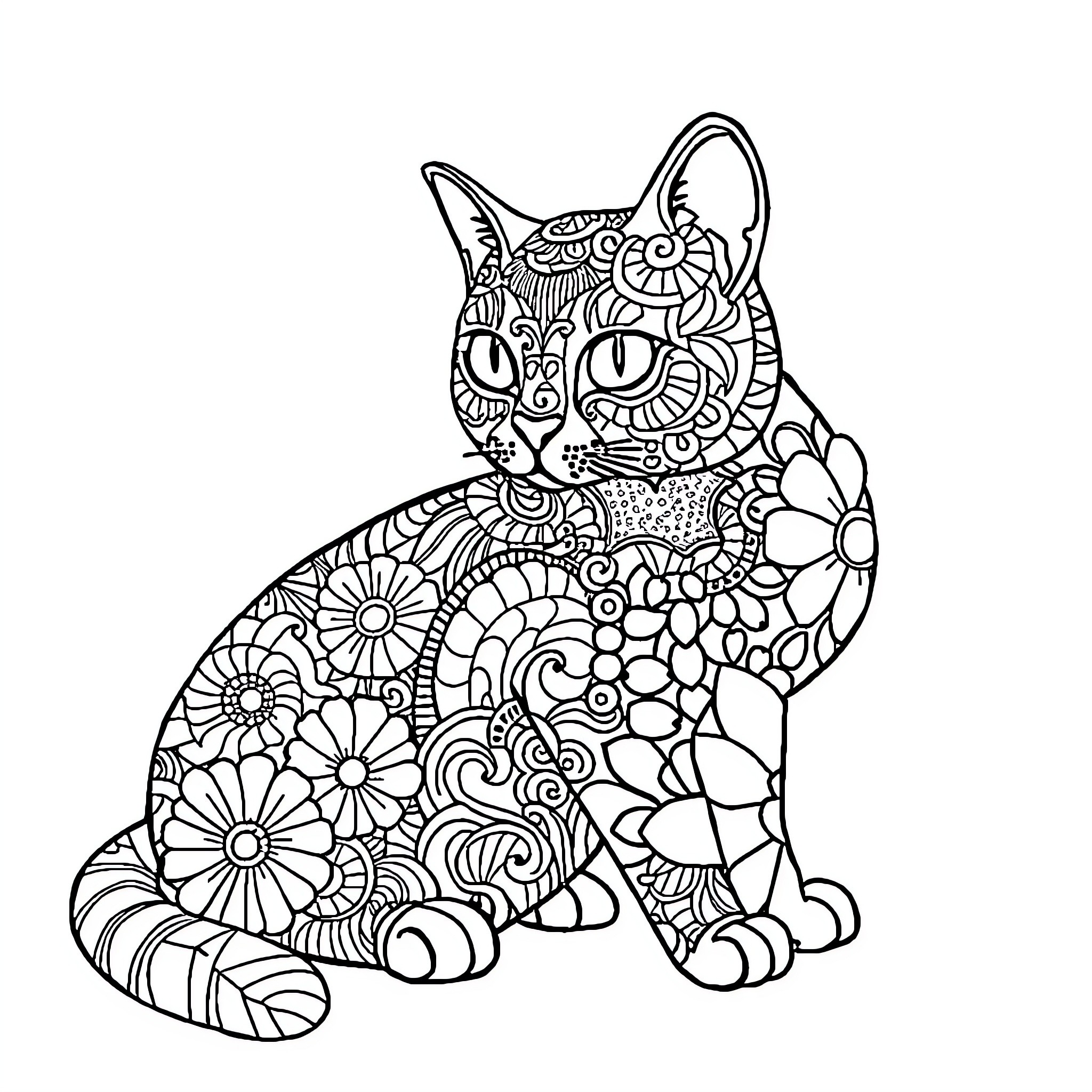 Cat ornate illustration with floral patterns Coloring Page (free black-and-white line drawing printable PDF for all, from beginners to advanced learners, including children, teens, adults, and seniors)