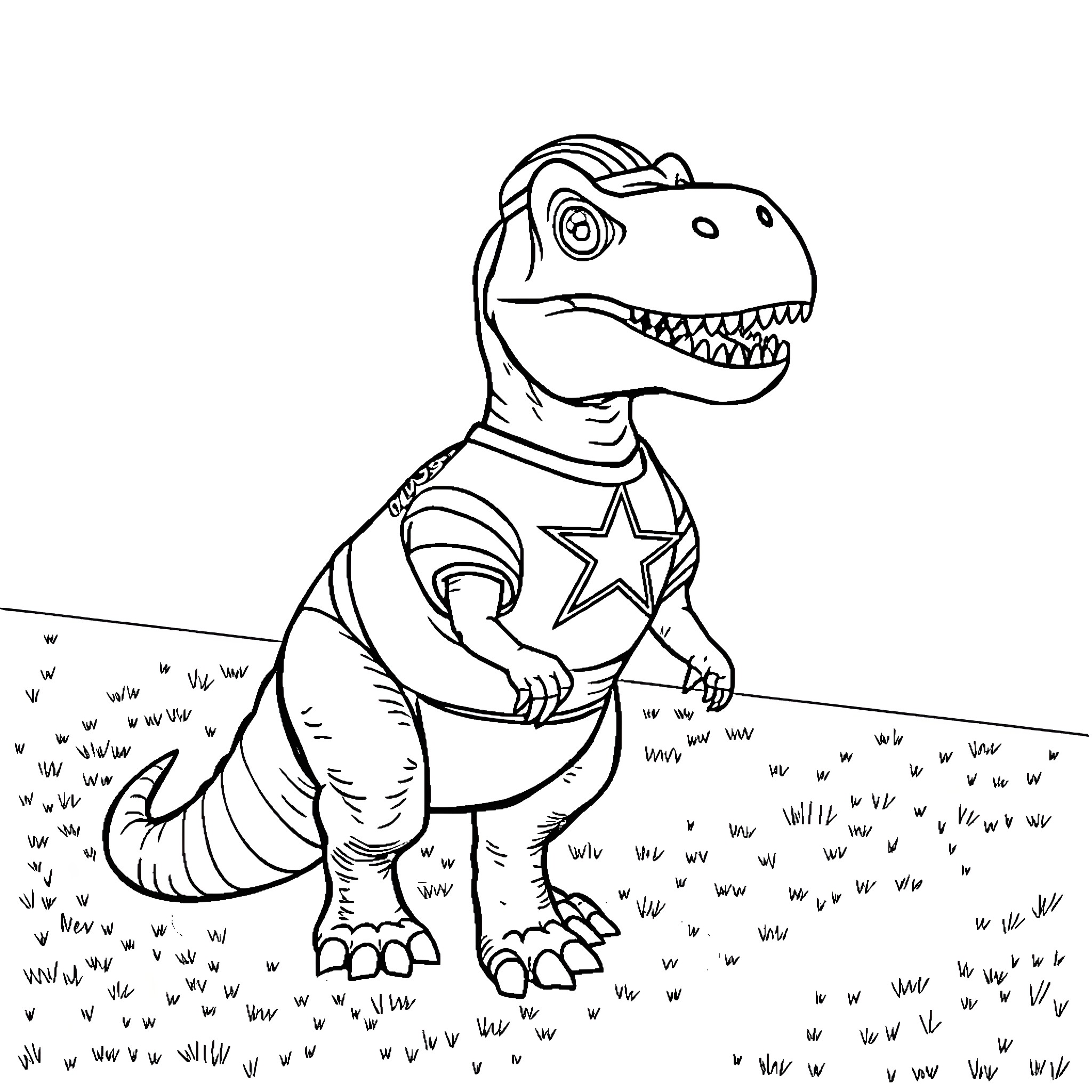 Dinosaur in heroic costume on grassy field Coloring Page (free black-and-white line drawing printable PDF for all, from beginners to advanced learners, including children, teens, adults, and seniors)