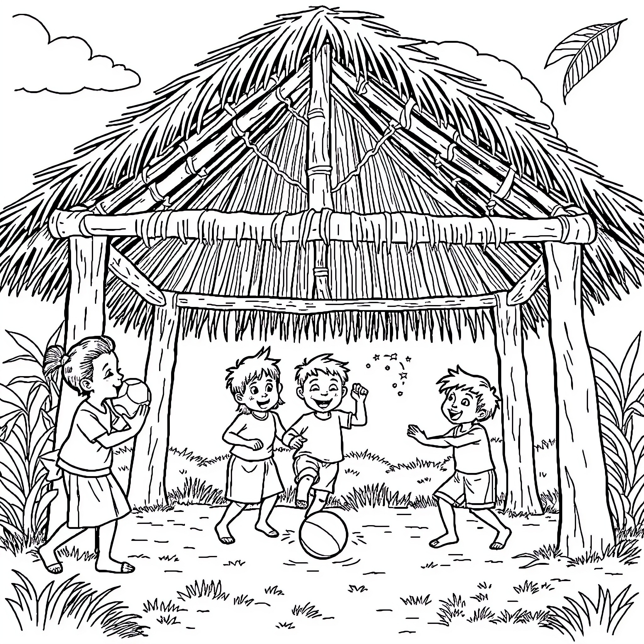 Kids playing cheerfully under a thatched hut Coloring Page (free black-and-white line drawing printable PDF for all, from beginners to advanced learners, including children, teens, adults, and seniors)