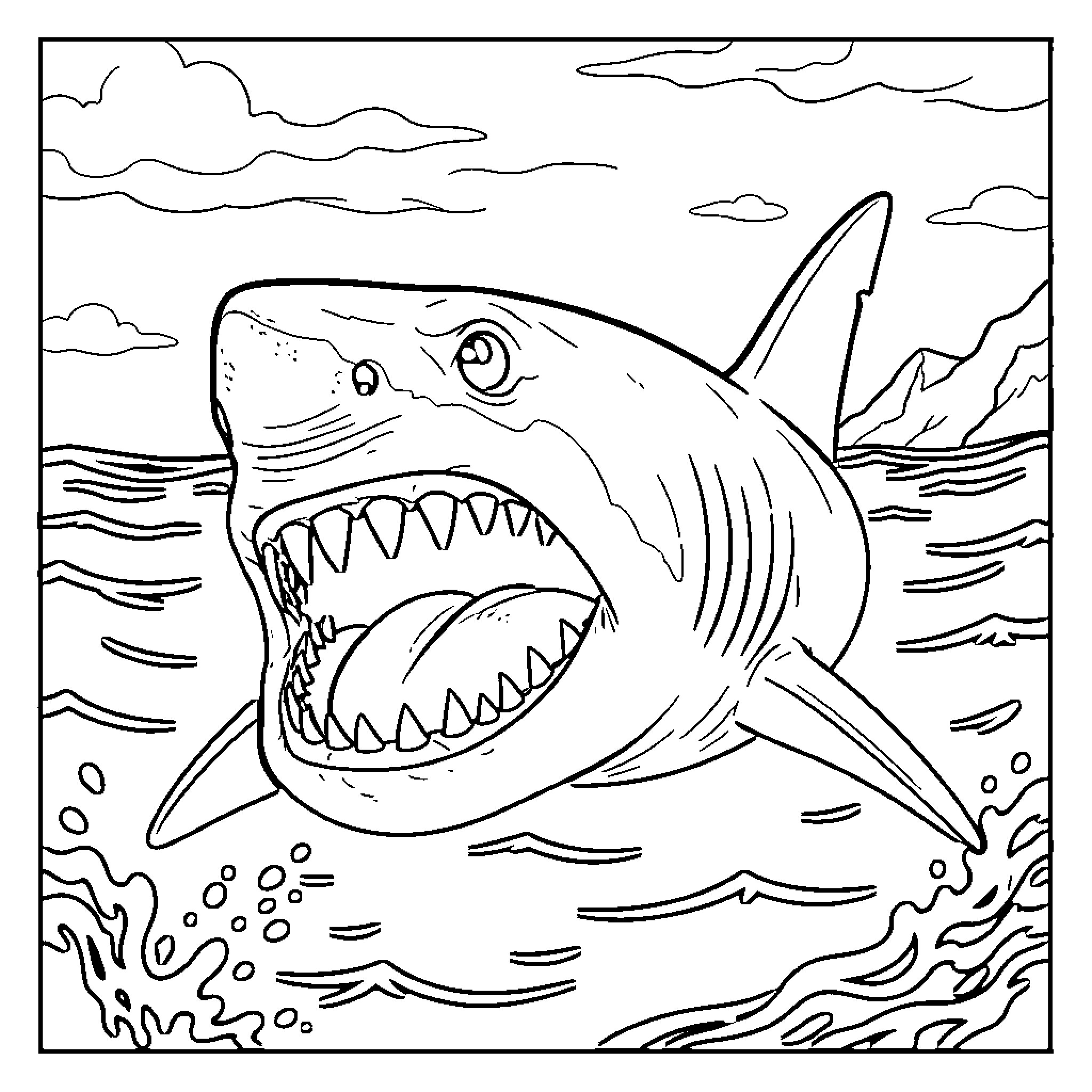 Shark attacking fiercely in the ocean Coloring Page (free black-and-white line drawing printable PDF for all, from beginners to advanced learners, including children, teens, adults, and seniors)