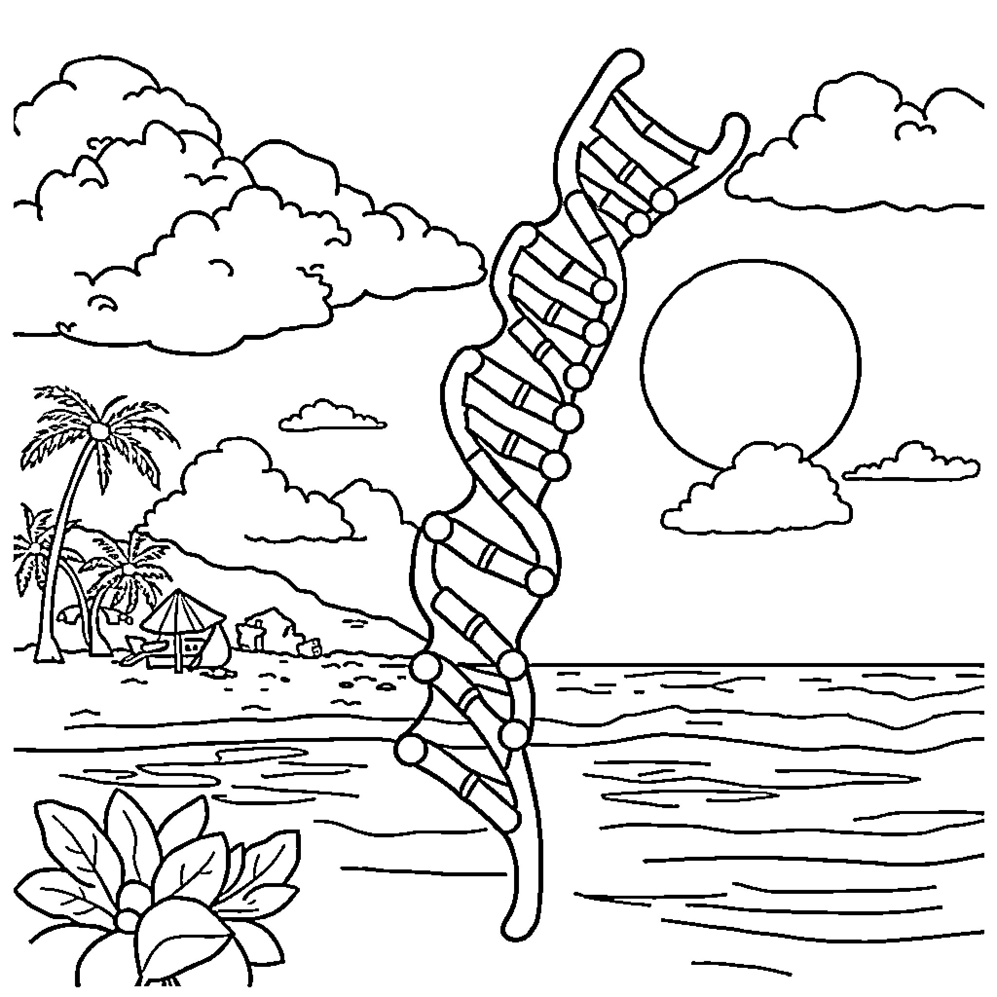 DNA Helix Twisting Amidst Tropical Landscape Coloring Page (free black-and-white line drawing printable PDF for all, from beginners to advanced learners, including children, teens, adults, and seniors)