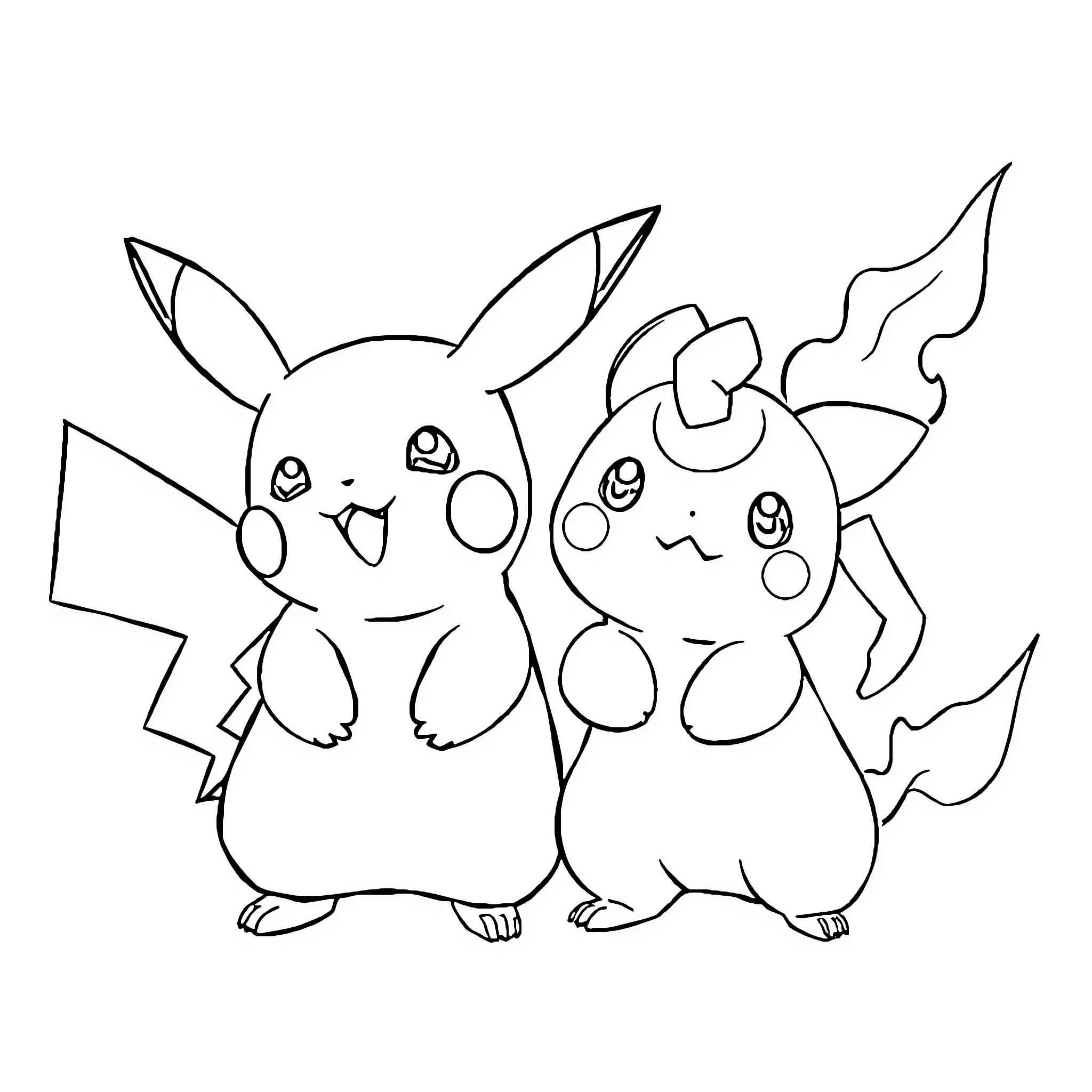 Schtroumpf Duo of Playful Pokemon Companions Coloring Page (free black-and-white line drawing printable PDF for all, from beginners to advanced learners, including children, teens, adults, and seniors)