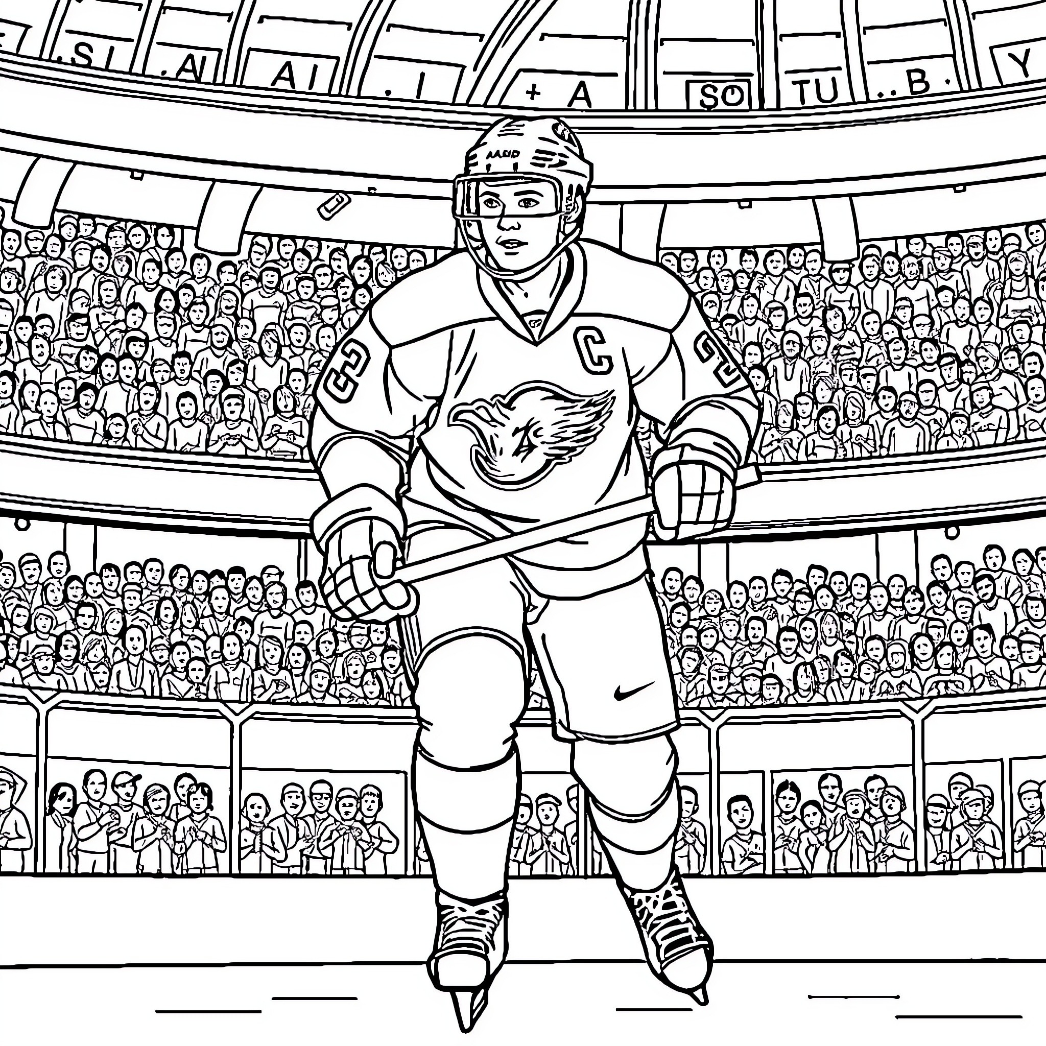 Hockey Player on the Ice Rink with Spectators Coloring Page (free black-and-white line drawing printable PDF for all, from beginners to advanced learners, including children, teens, adults, and seniors)