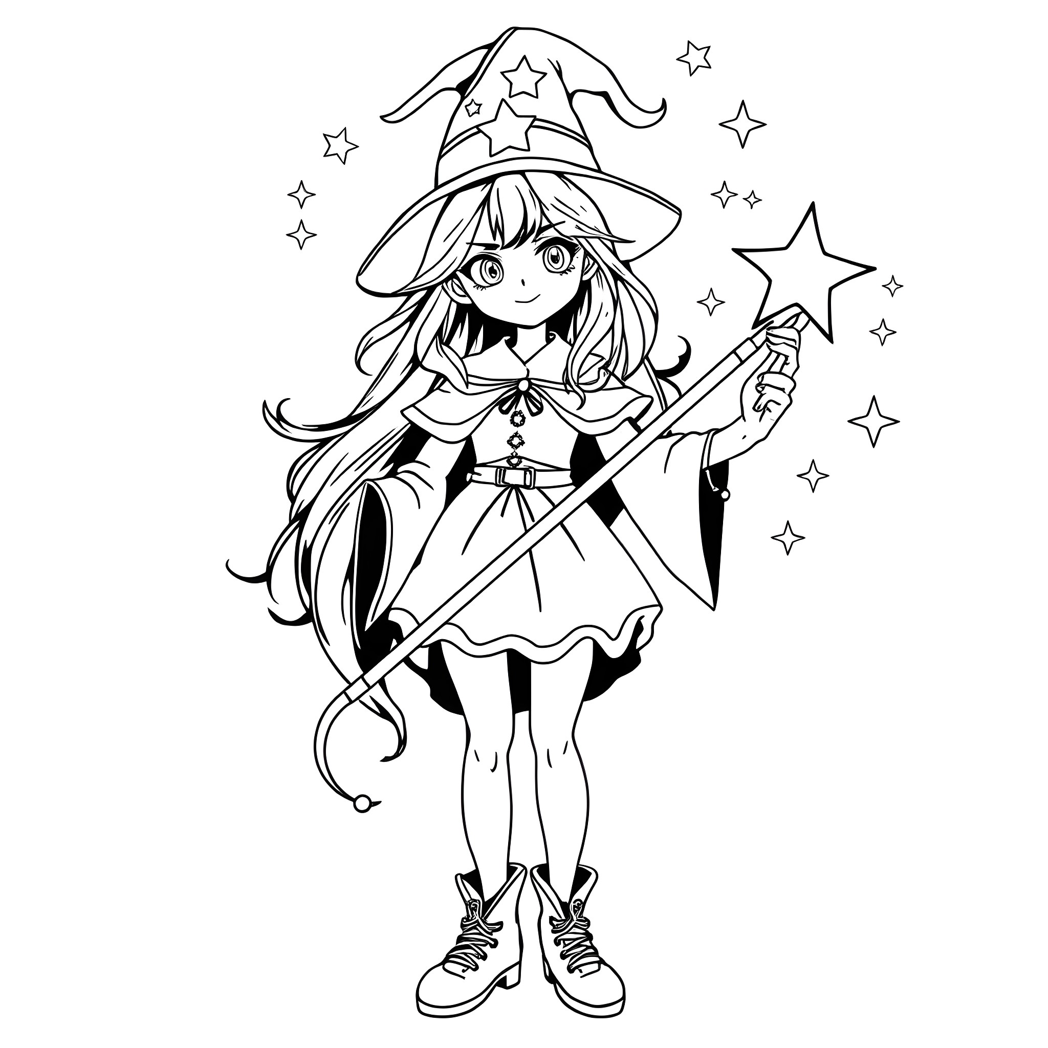 Dark Magician Girl practicing magical spells with stars Coloring Page (free black-and-white line drawing printable PDF for all, from beginners to advanced learners, including children, teens, adults, and seniors)