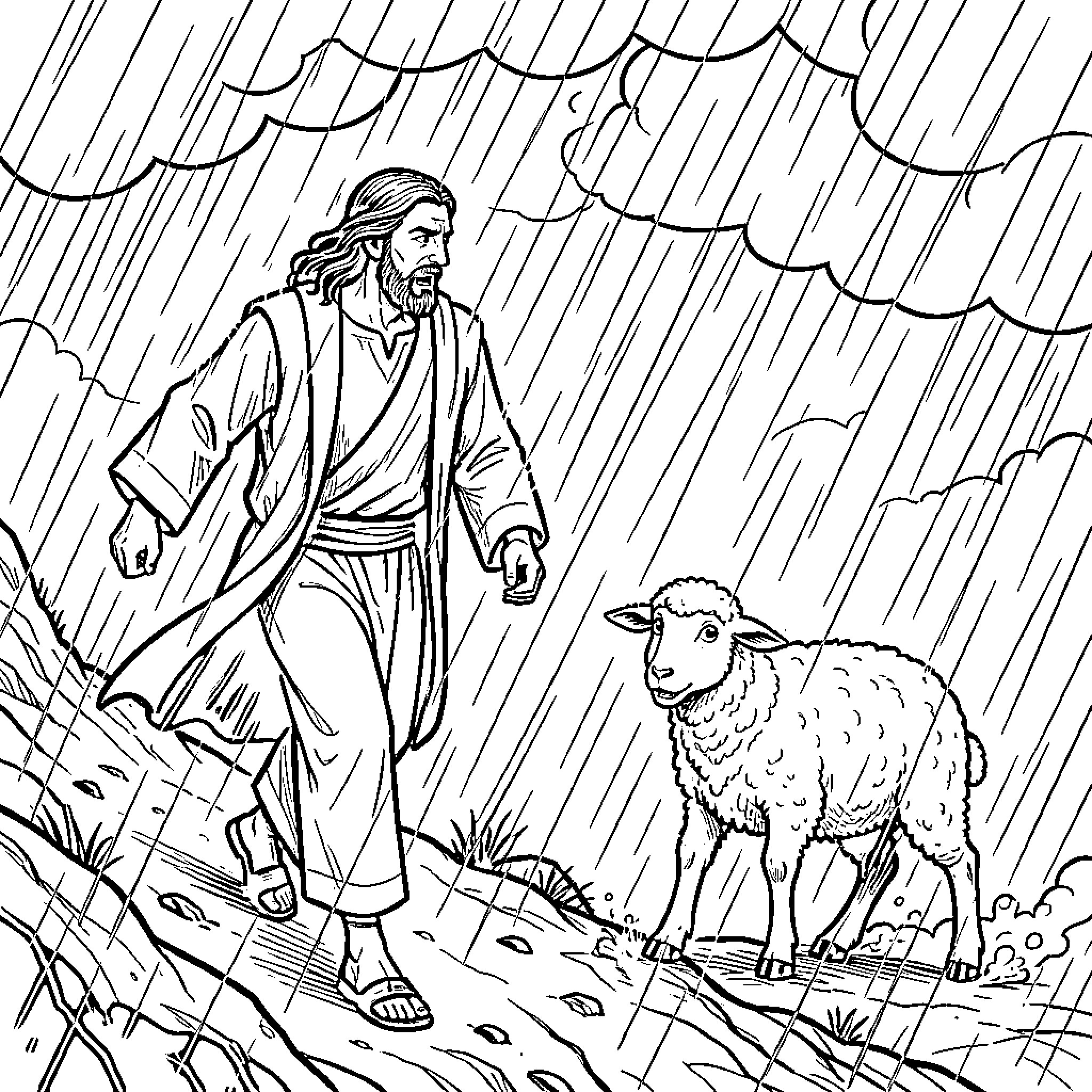 Jesus walking alone in the rain with a sheep Coloring Page (free black-and-white line drawing printable PDF for all, from beginners to advanced learners, including children, teens, adults, and seniors)