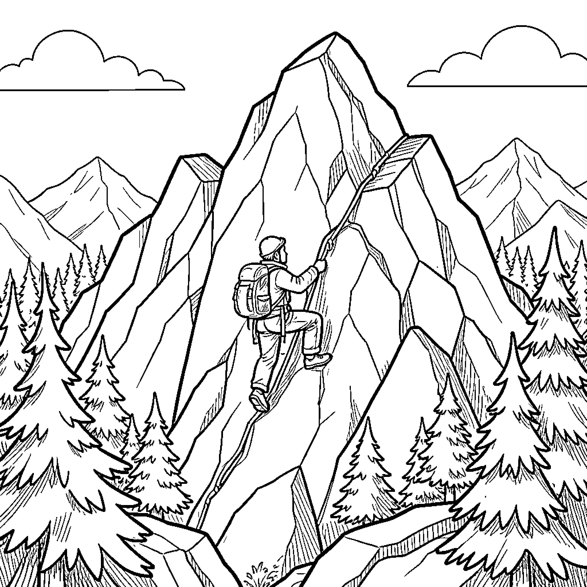 Person hiking through rugged mountain terrain Coloring Page (free black-and-white line drawing printable PDF for all, from beginners to advanced learners, including children, teens, adults, and seniors)