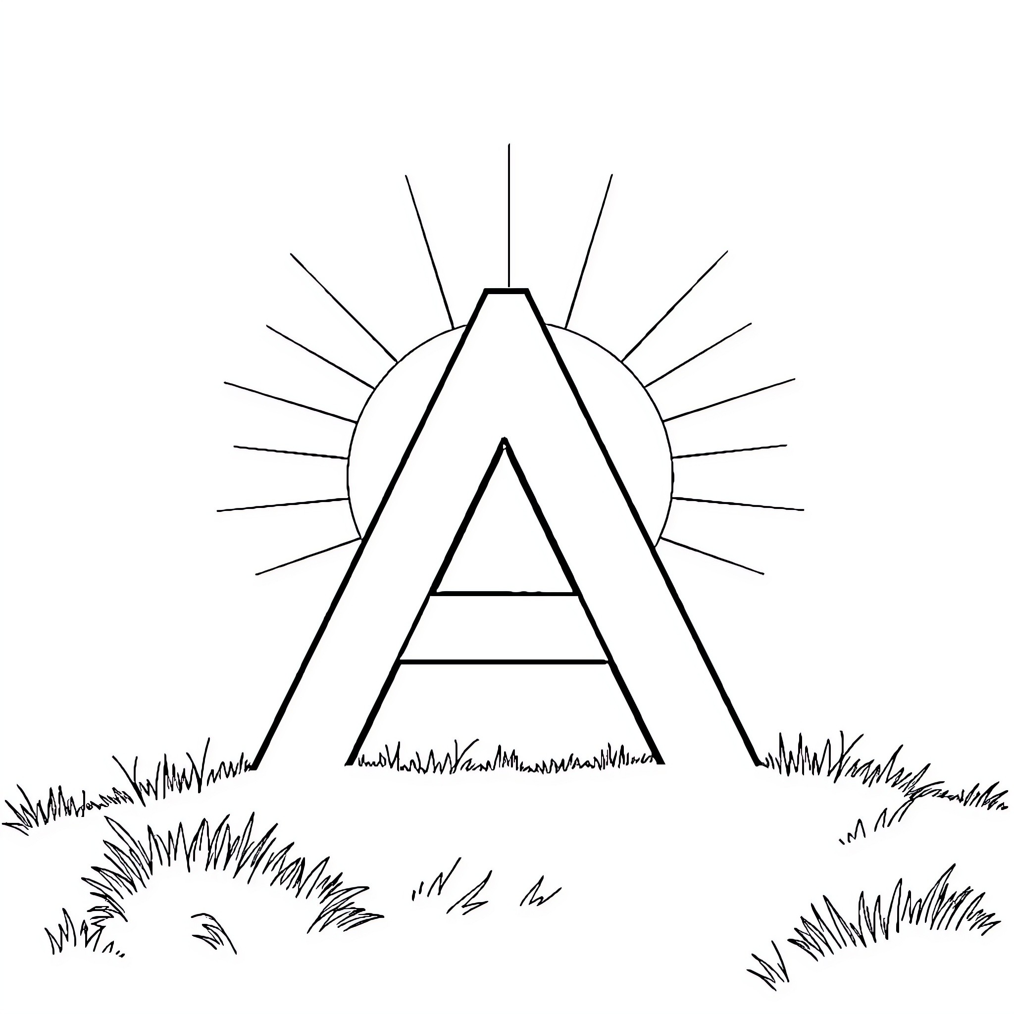 Letter A Shining Brightly in the Meadow Coloring Page (free black-and-white line drawing printable PDF for all, from beginners to advanced learners, including children, teens, adults, and seniors)
