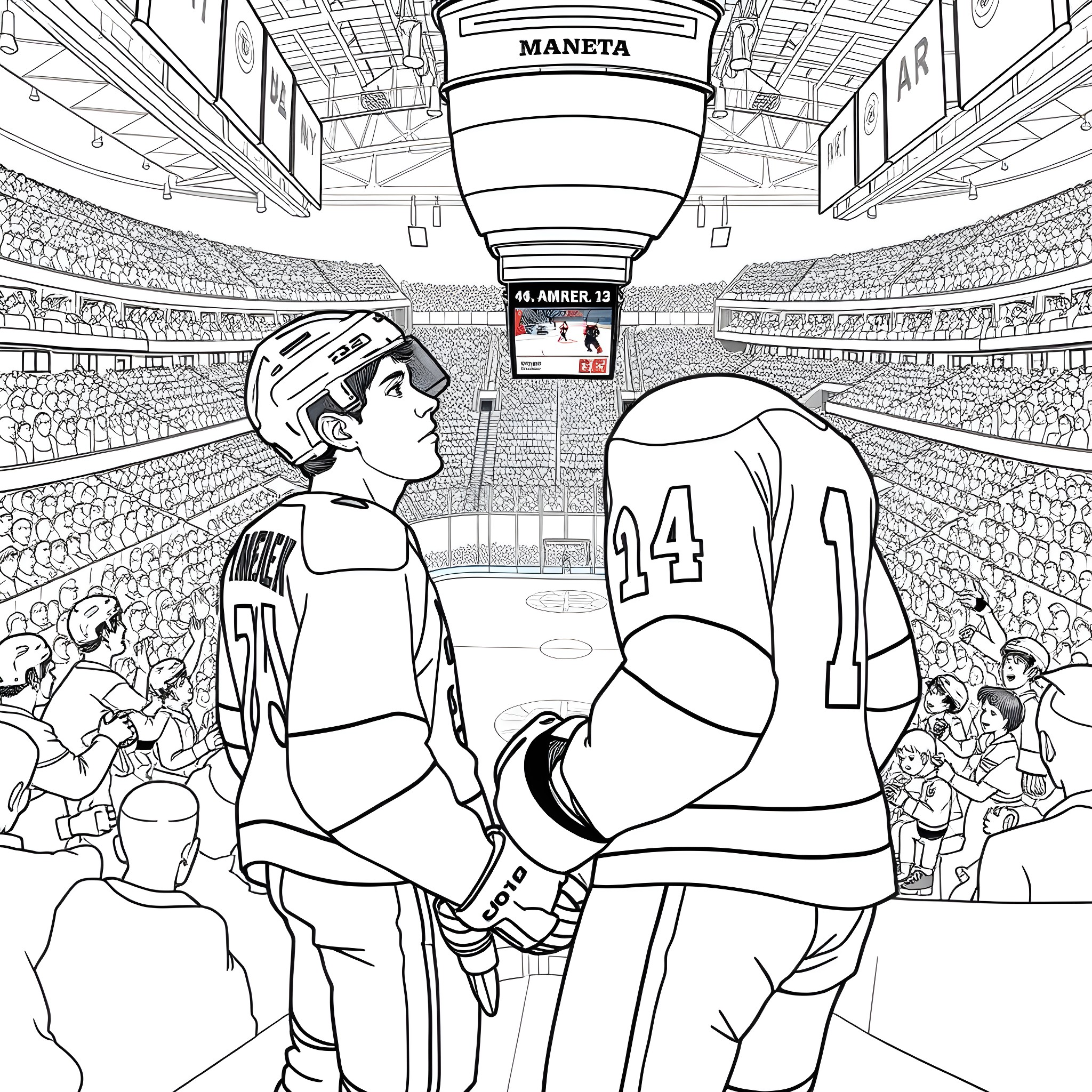 Auston Matthews facing off with an opponent on the ice Coloring Page (free black-and-white line drawing printable PDF for all, from beginners to advanced learners, including children, teens, adults, and seniors)