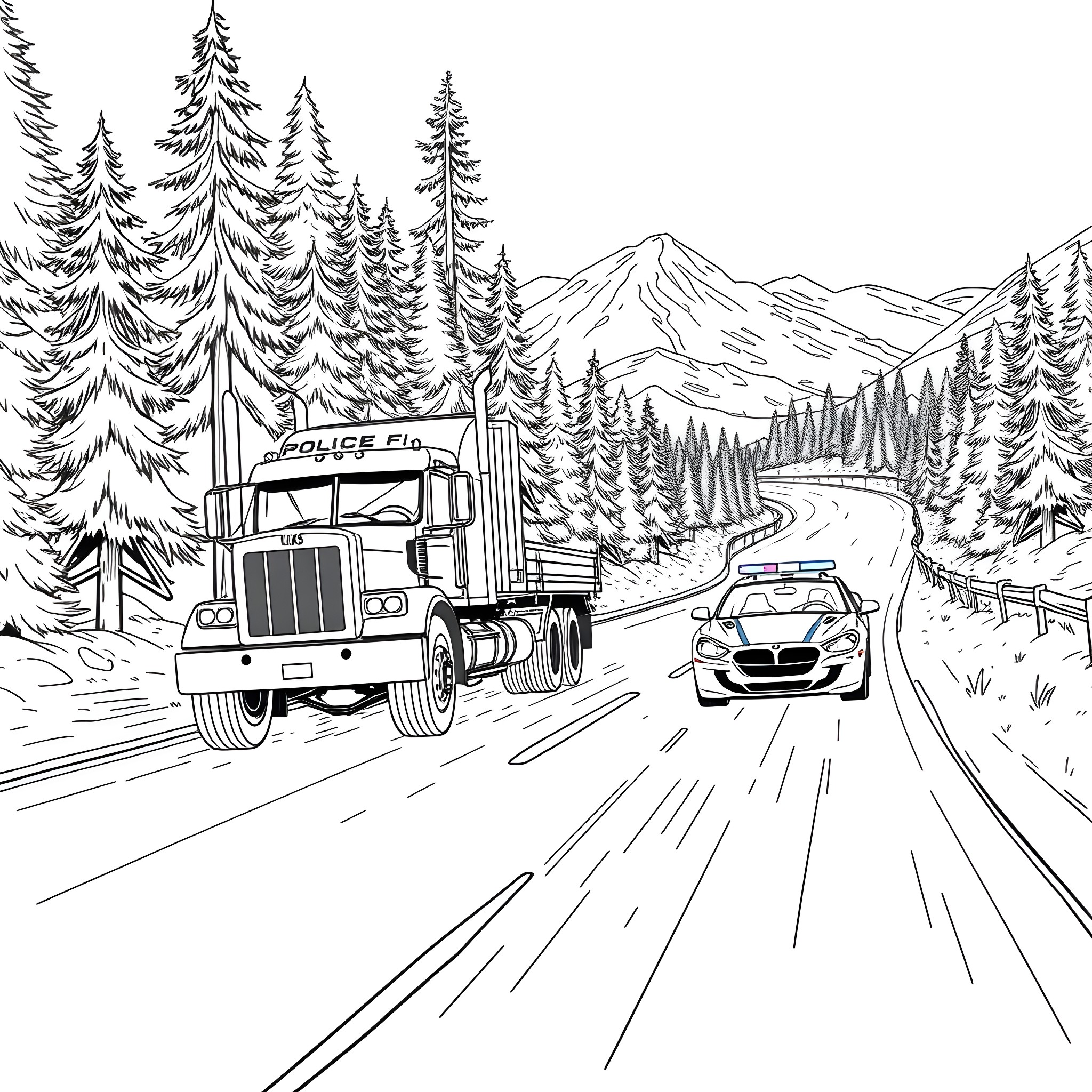 Bandit Truck Chased by Police Car on Mountain Road Coloring Page (free black-and-white line drawing printable PDF for all, from beginners to advanced learners, including children, teens, adults, and seniors)