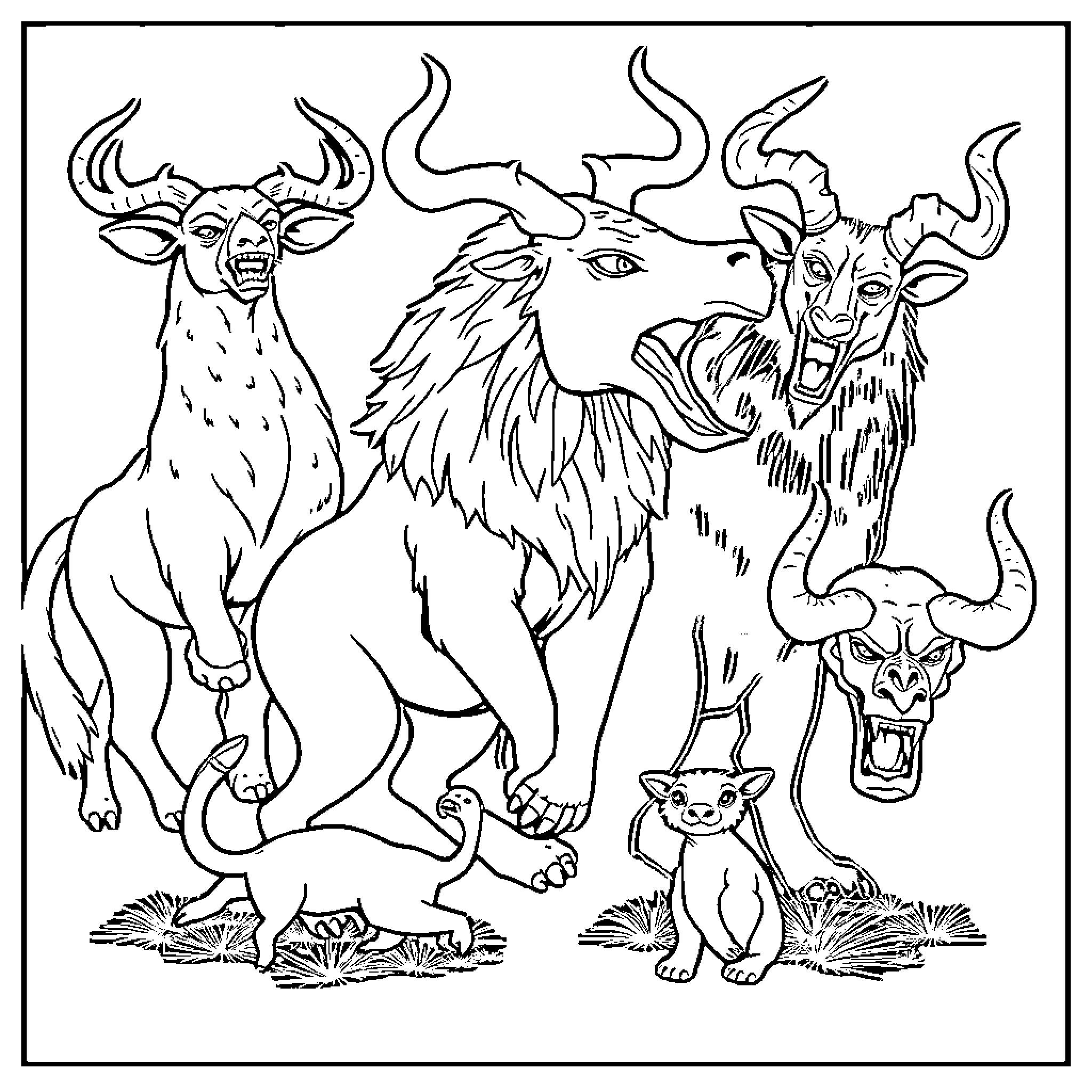 Deadly Sin: Demonic Creatures Stalking the Wilderness Coloring Page (free black-and-white line drawing printable PDF for all, from beginners to advanced learners, including children, teens, adults, and seniors)