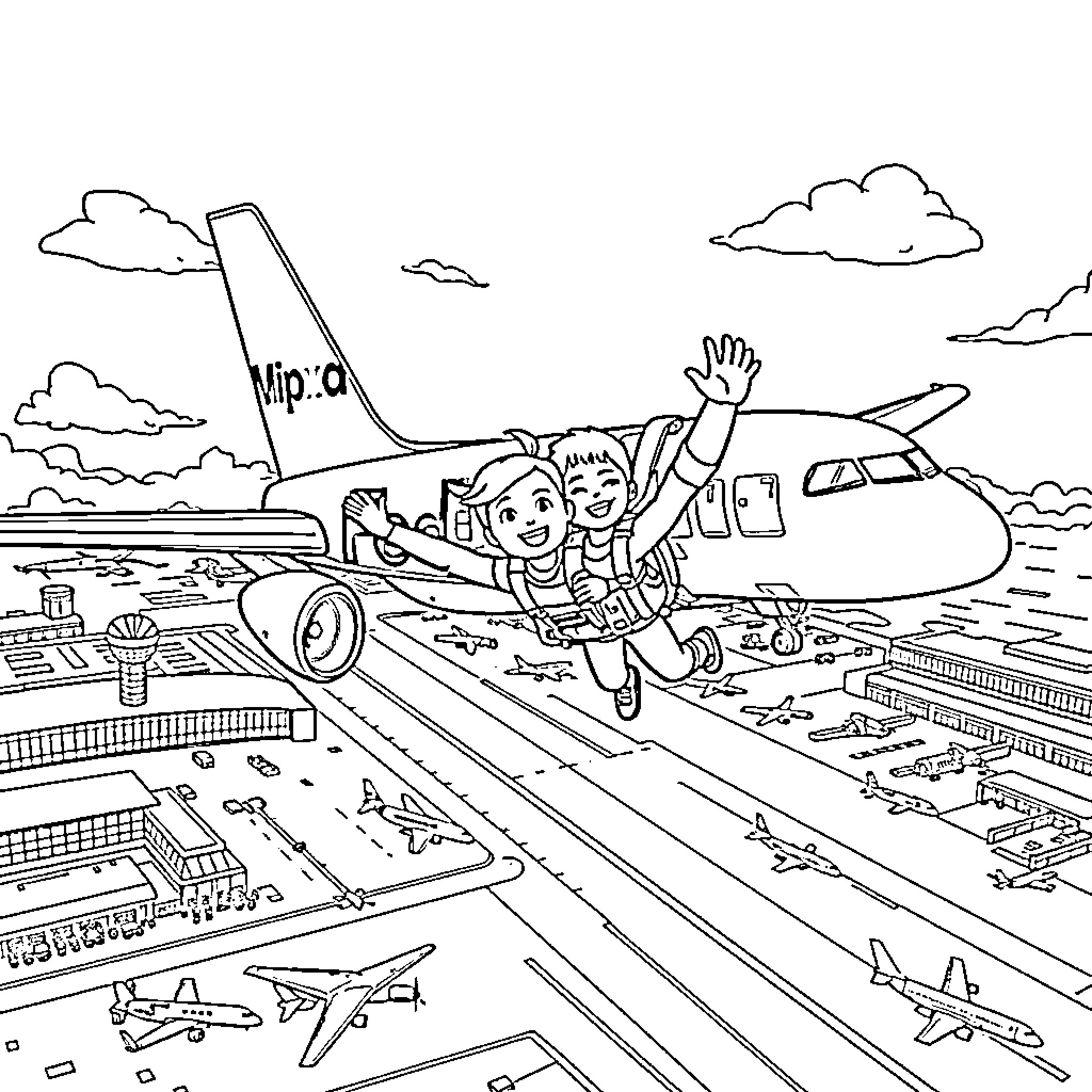 Parachute jump at the airport Coloring Page (free black-and-white line drawing printable PDF for all, from beginners to advanced learners, including children, teens, adults, and seniors)