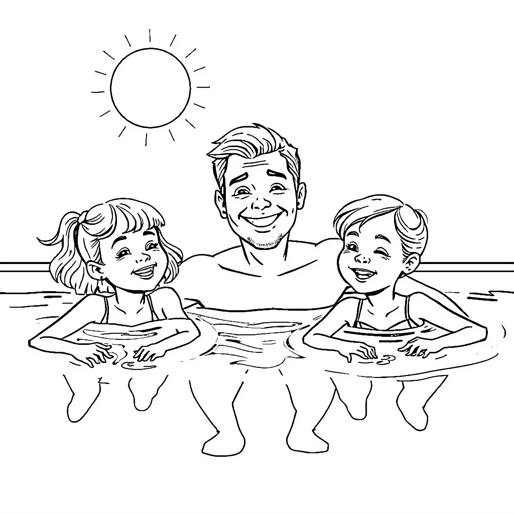 Child swimming with family on sunny day Coloring Page (free black-and-white line drawing printable PDF for all, from beginners to advanced learners, including children, teens, adults, and seniors)