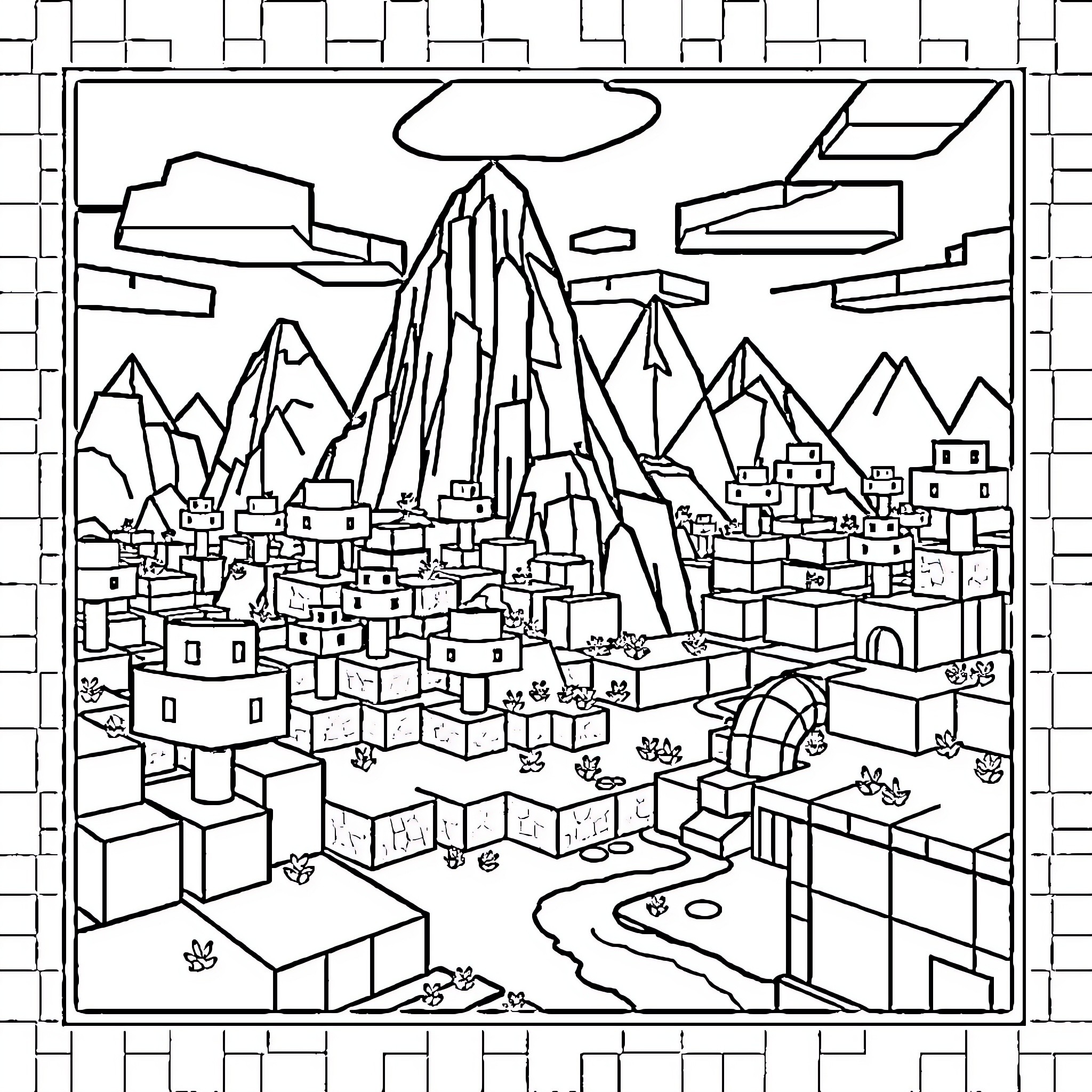 Minecraft Cubical City Landscape with Mountainous Terrain Coloring Page (free black-and-white line drawing printable PDF for all, from beginners to advanced learners, including children, teens, adults, and seniors)