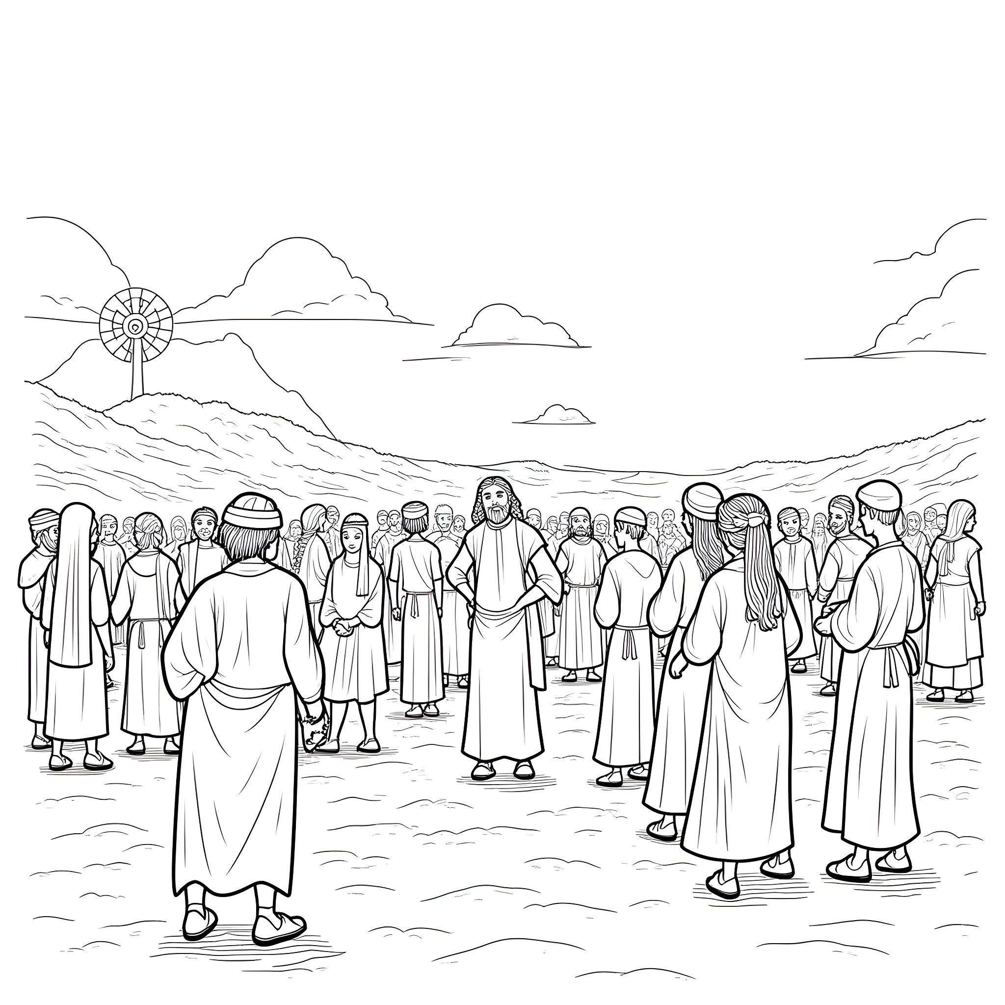 Israel: Crowds gathered in ancient religious scene Coloring Page (free black-and-white line drawing printable PDF for all, from beginners to advanced learners, including children, teens, adults, and seniors)