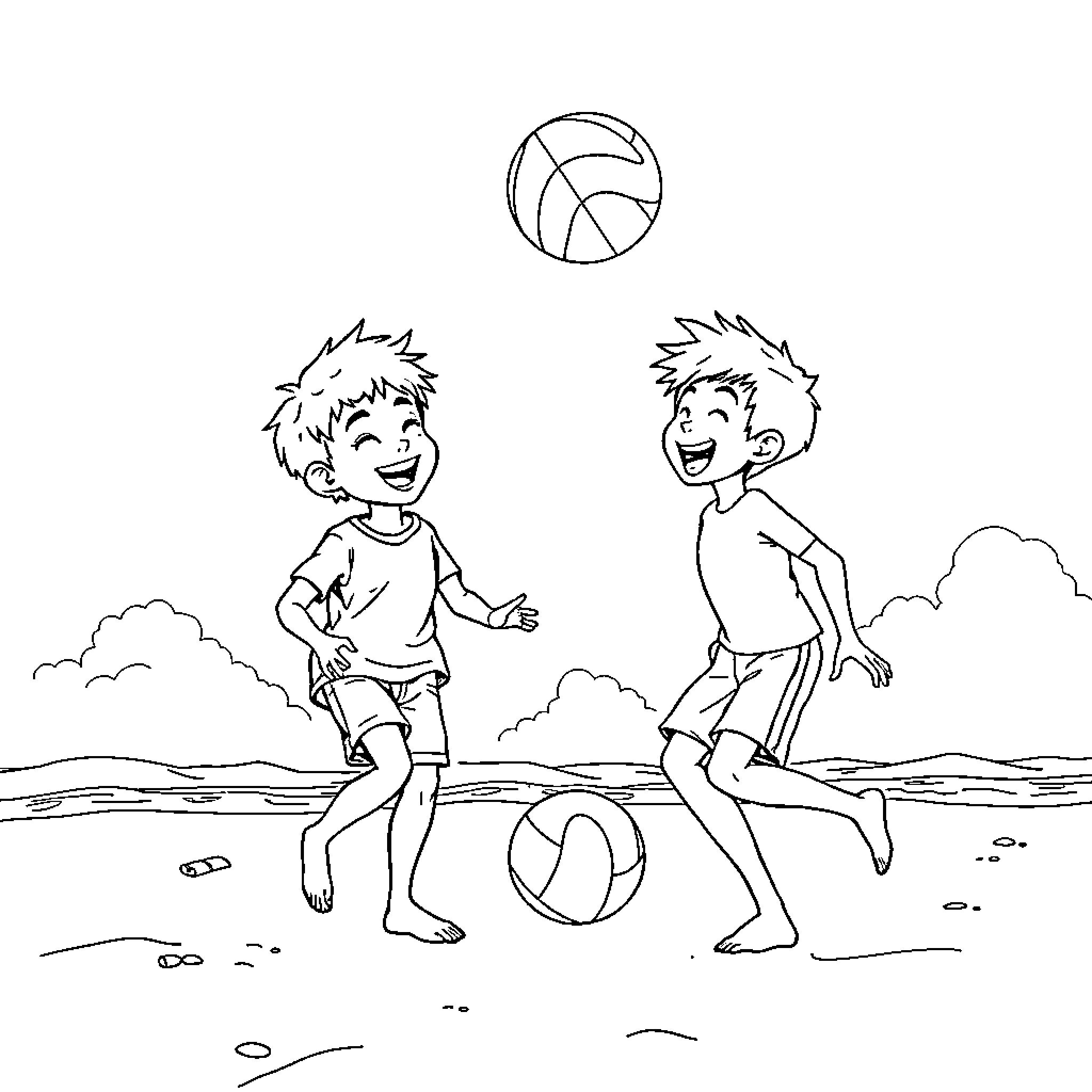 Boys playing joyfully with volleyball on beach Coloring Page (free black-and-white line drawing printable PDF for all, from beginners to advanced learners, including children, teens, adults, and seniors)