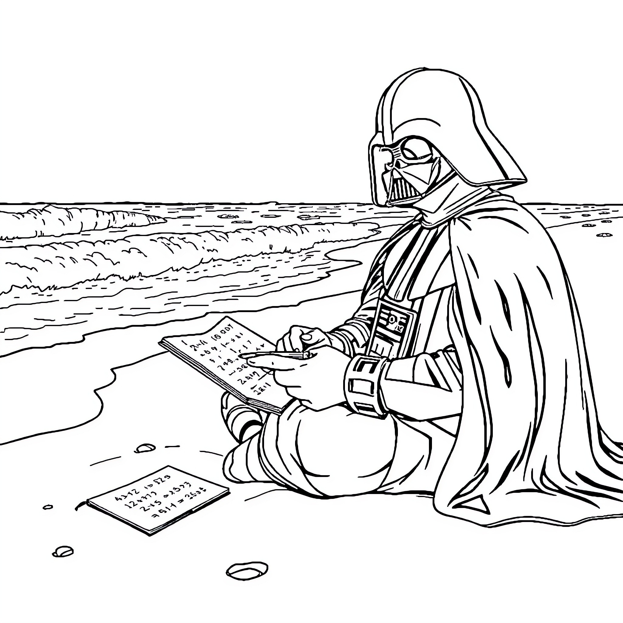 Darth Vader contemplating the dark side on the beach Coloring Page (free black-and-white line drawing printable PDF for all, from beginners to advanced learners, including children, teens, adults, and seniors)