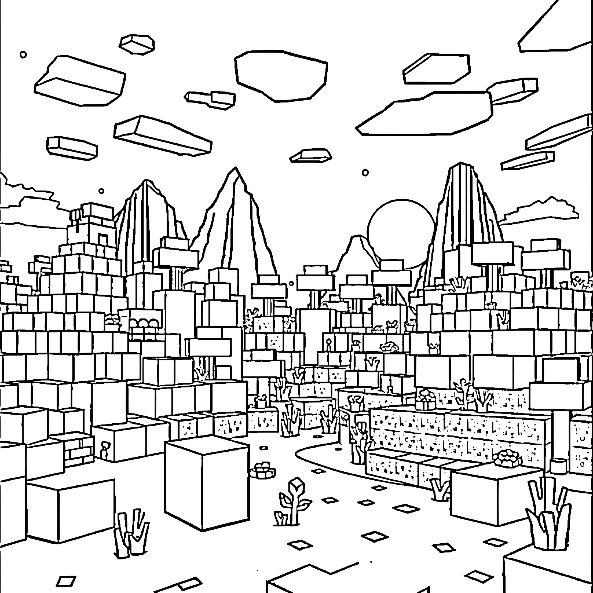 Minecraft cityscape with floating blocks and mountains Coloring Page (free black-and-white line drawing printable PDF for all, from beginners to advanced learners, including children, teens, adults, and seniors)