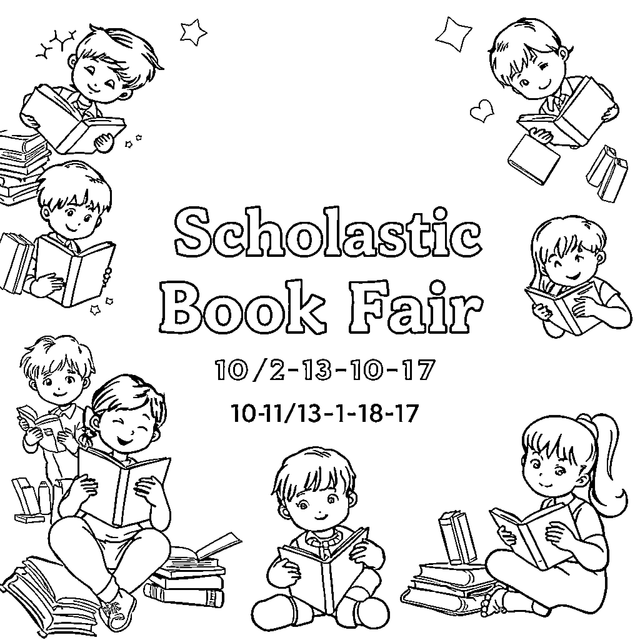 Book Fair with Excited Children Reading Coloring Page (free black-and-white line drawing printable PDF for all, from beginners to advanced learners, including children, teens, adults, and seniors)