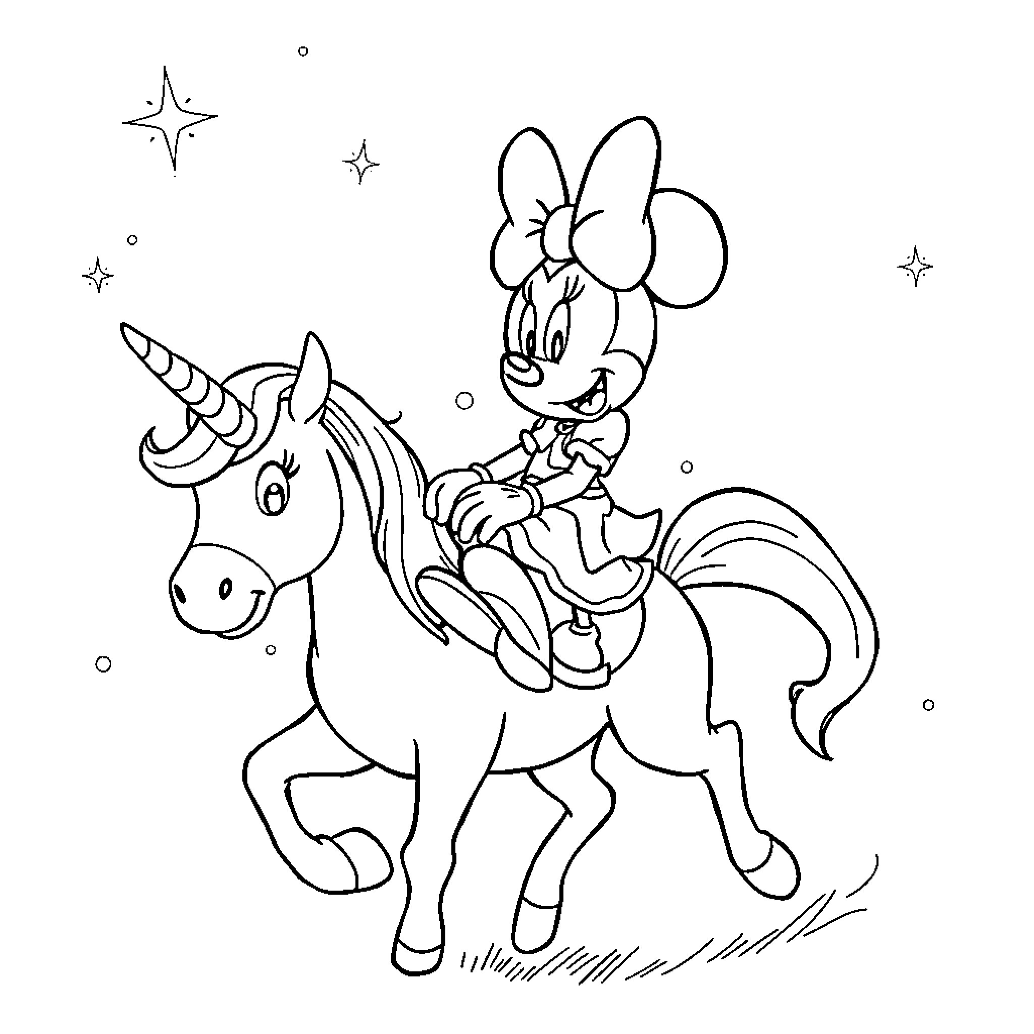Minnie riding a magical unicorn in a sparkling scene Coloring Page (free black-and-white line drawing printable PDF for all, from beginners to advanced learners, including children, teens, adults, and seniors)