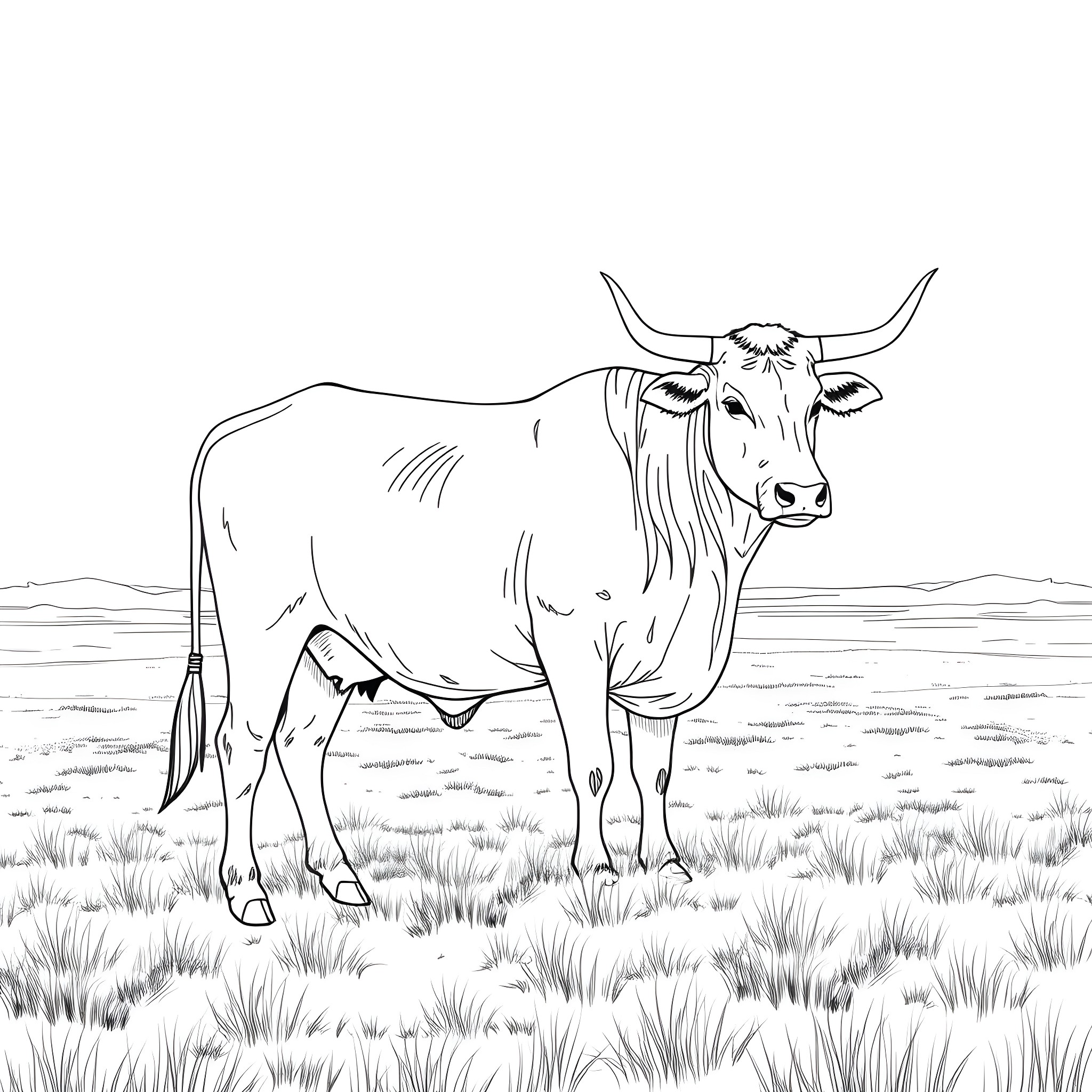 Ox standing majestically in a grassy field Coloring Page (free black-and-white line drawing printable PDF for all, from beginners to advanced learners, including children, teens, adults, and seniors)