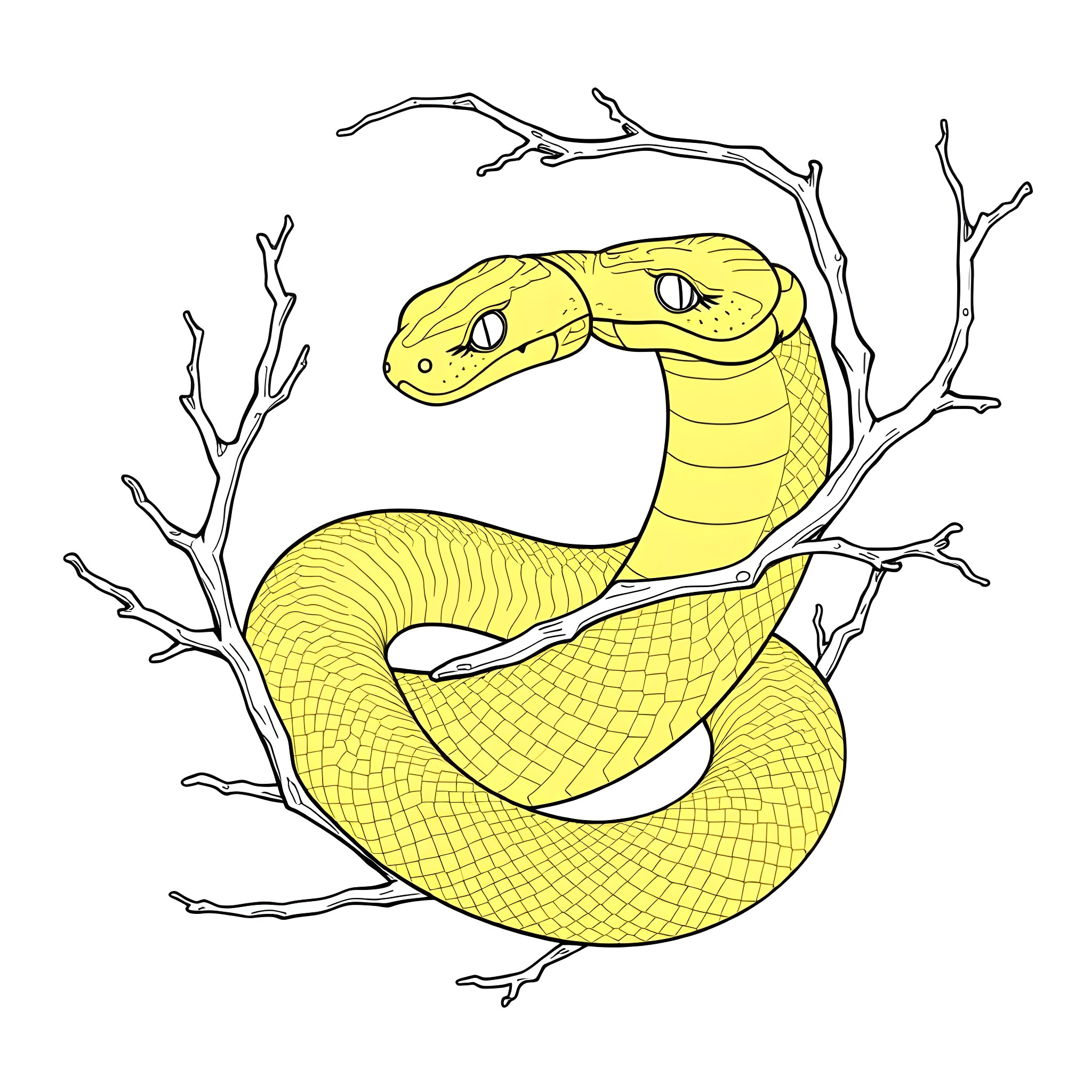 Viper striking through the branches Coloring Page (free black-and-white line drawing printable PDF for all, from beginners to advanced learners, including children, teens, adults, and seniors)