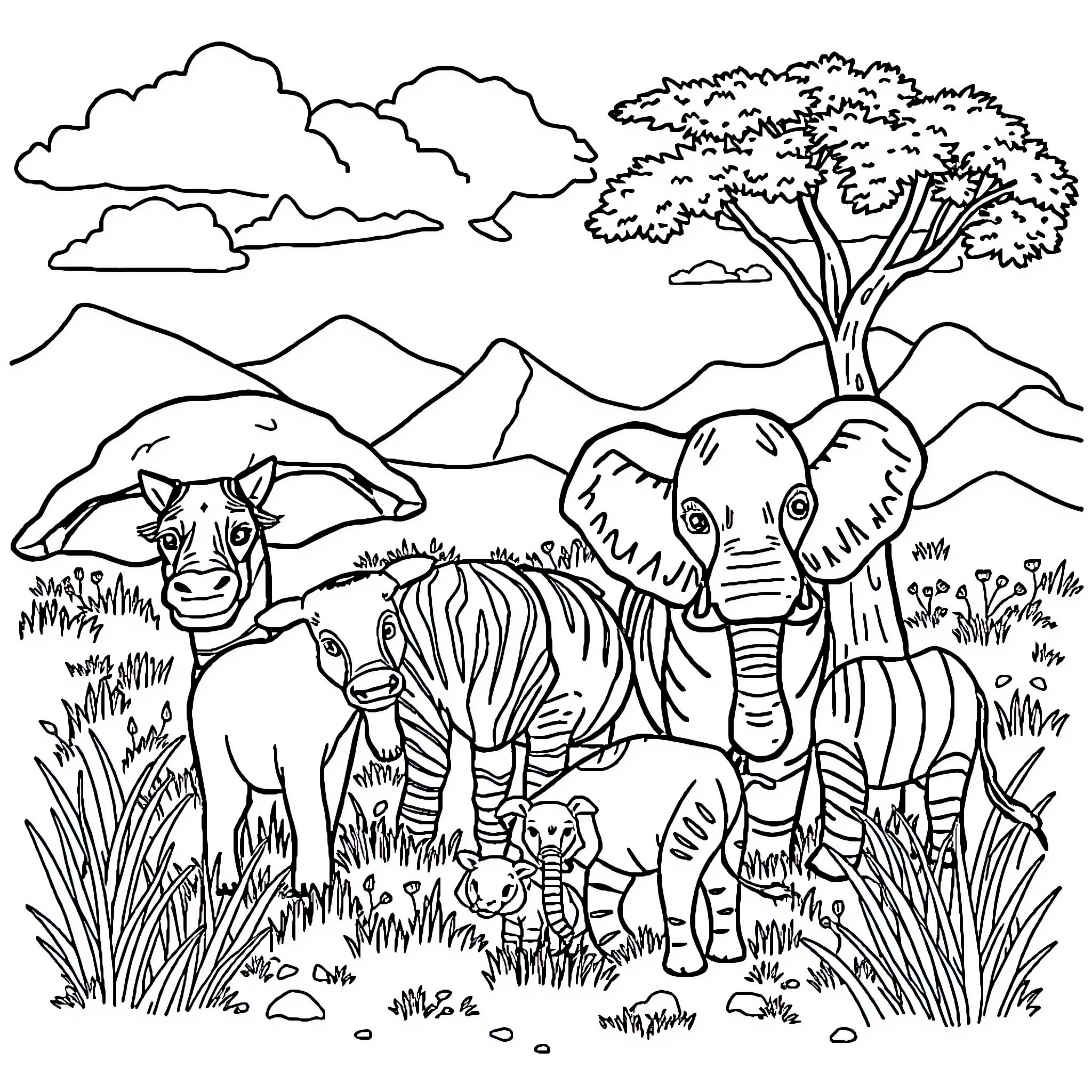 Safari animals posing in scenic landscape Coloring Page (free black-and-white line drawing printable PDF for all, from beginners to advanced learners, including children, teens, adults, and seniors)