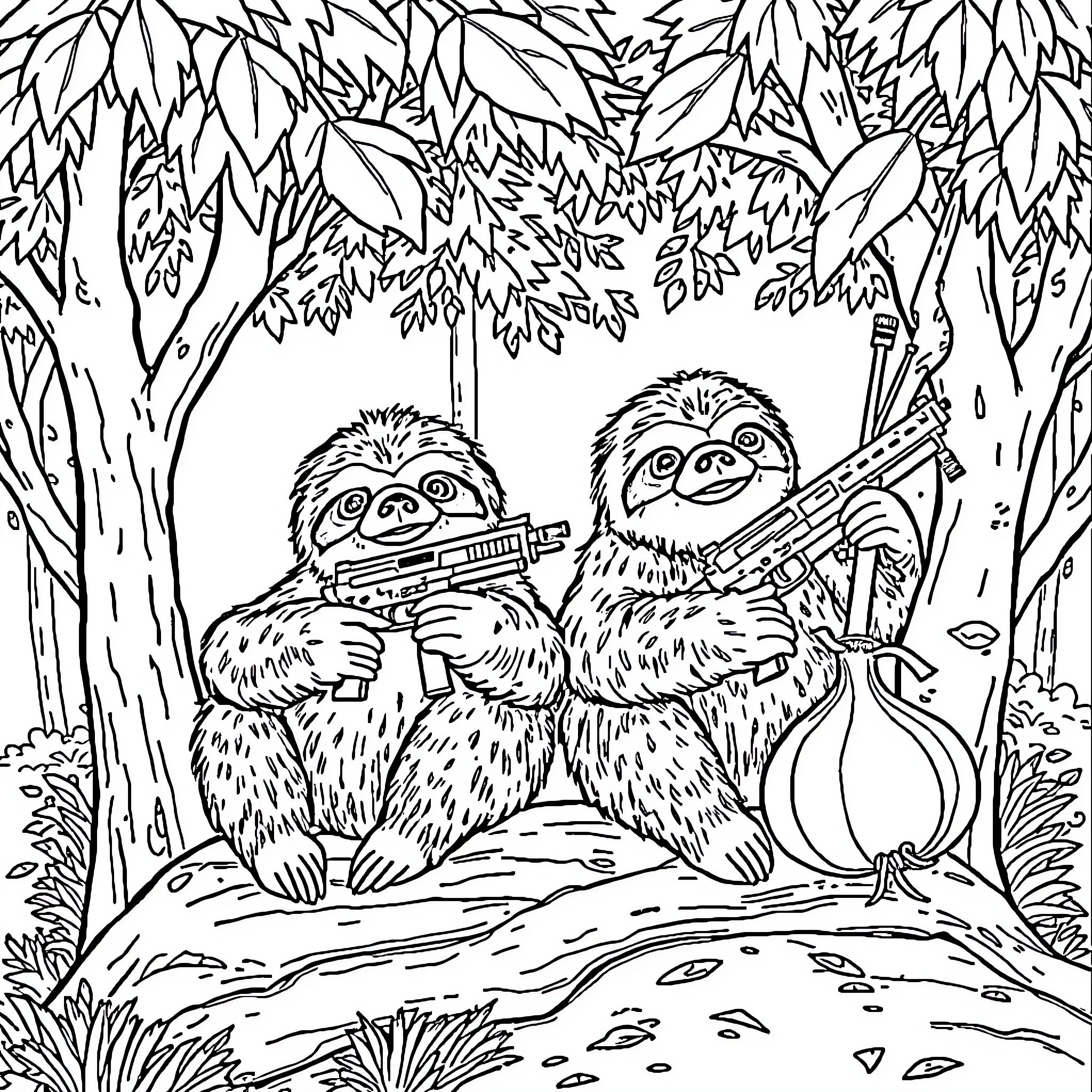 Sloth playing in the jungle with musical instruments Coloring Page (free black-and-white line drawing printable PDF for all, from beginners to advanced learners, including children, teens, adults, and seniors)
