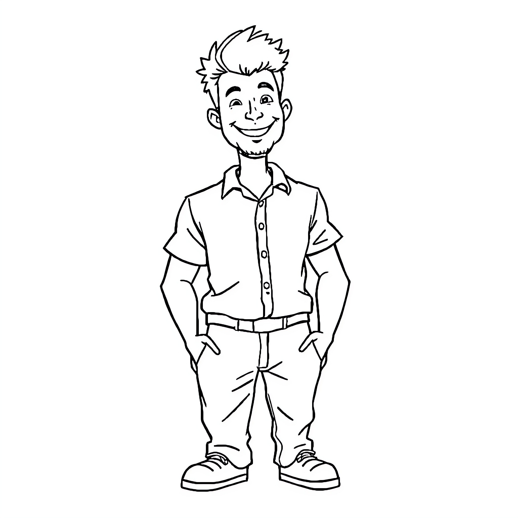 Man standing confidently in casual outfit Coloring Page (free black-and-white line drawing printable PDF for all, from beginners to advanced learners, including children, teens, adults, and seniors)