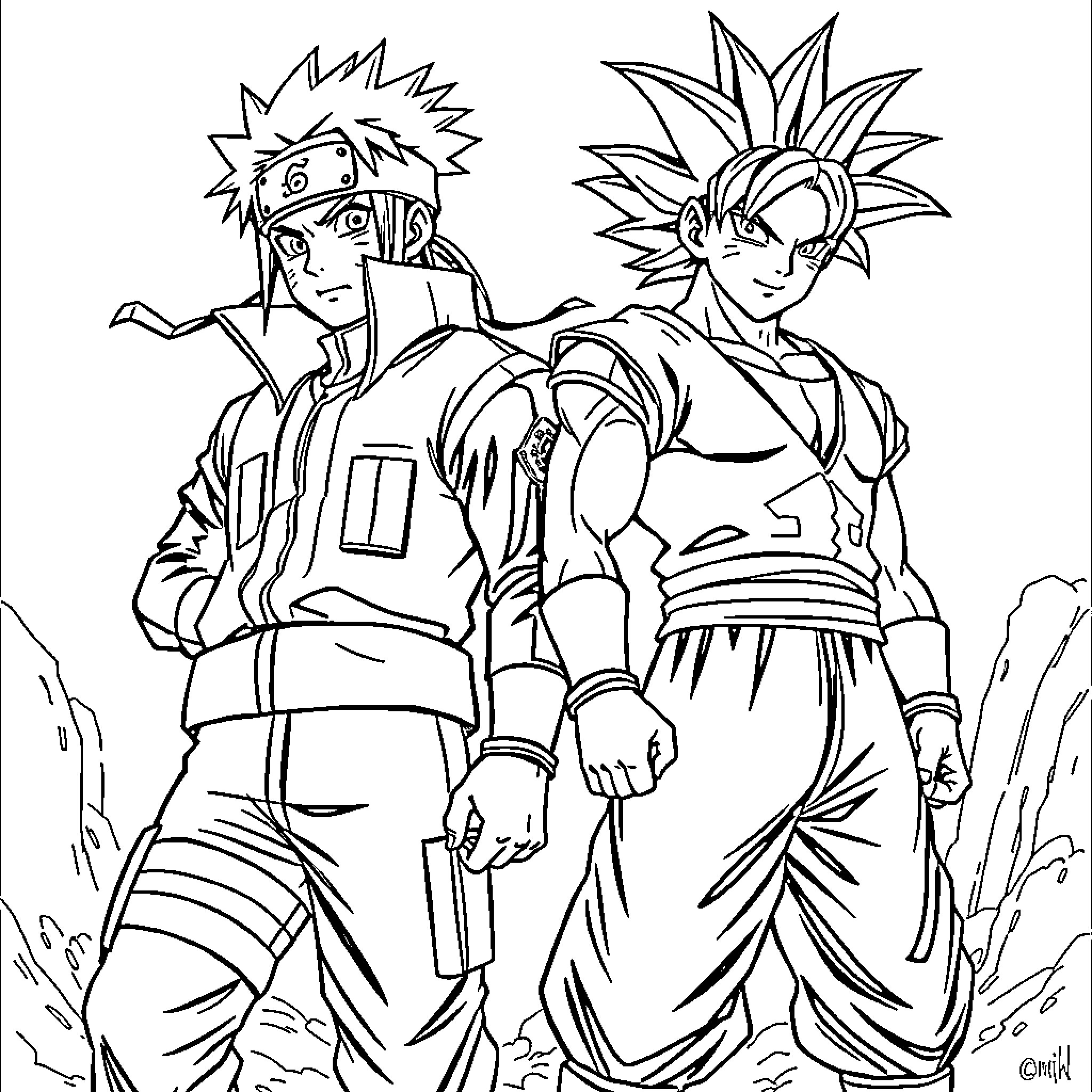 Naruto and Goku in epic battle stance Coloring Page (free black-and-white line drawing printable PDF for all, from beginners to advanced learners, including children, teens, adults, and seniors)