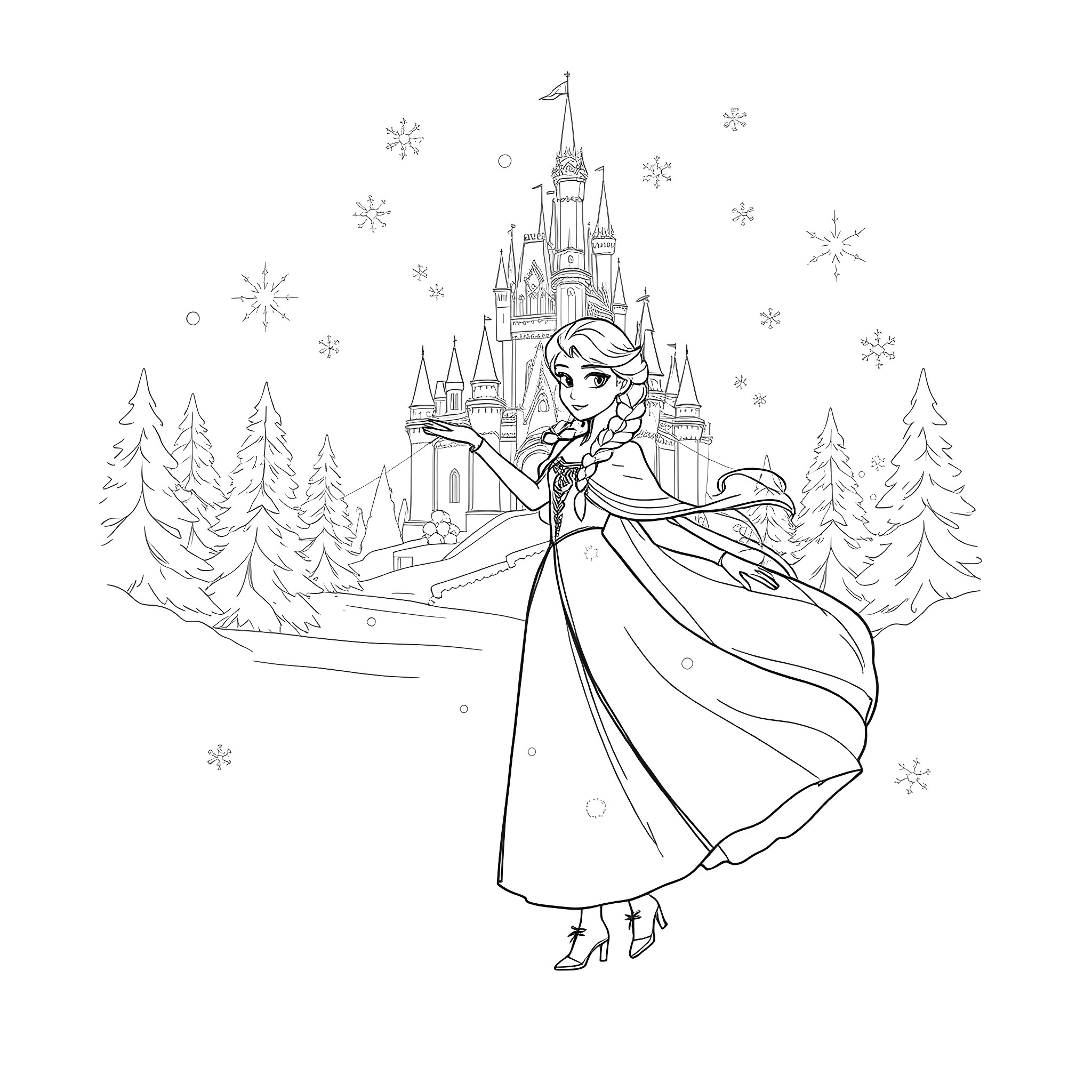 Anna in a Winter Wonderland Coloring Page (free black-and-white line drawing printable PDF for all, from beginners to advanced learners, including children, teens, adults, and seniors)