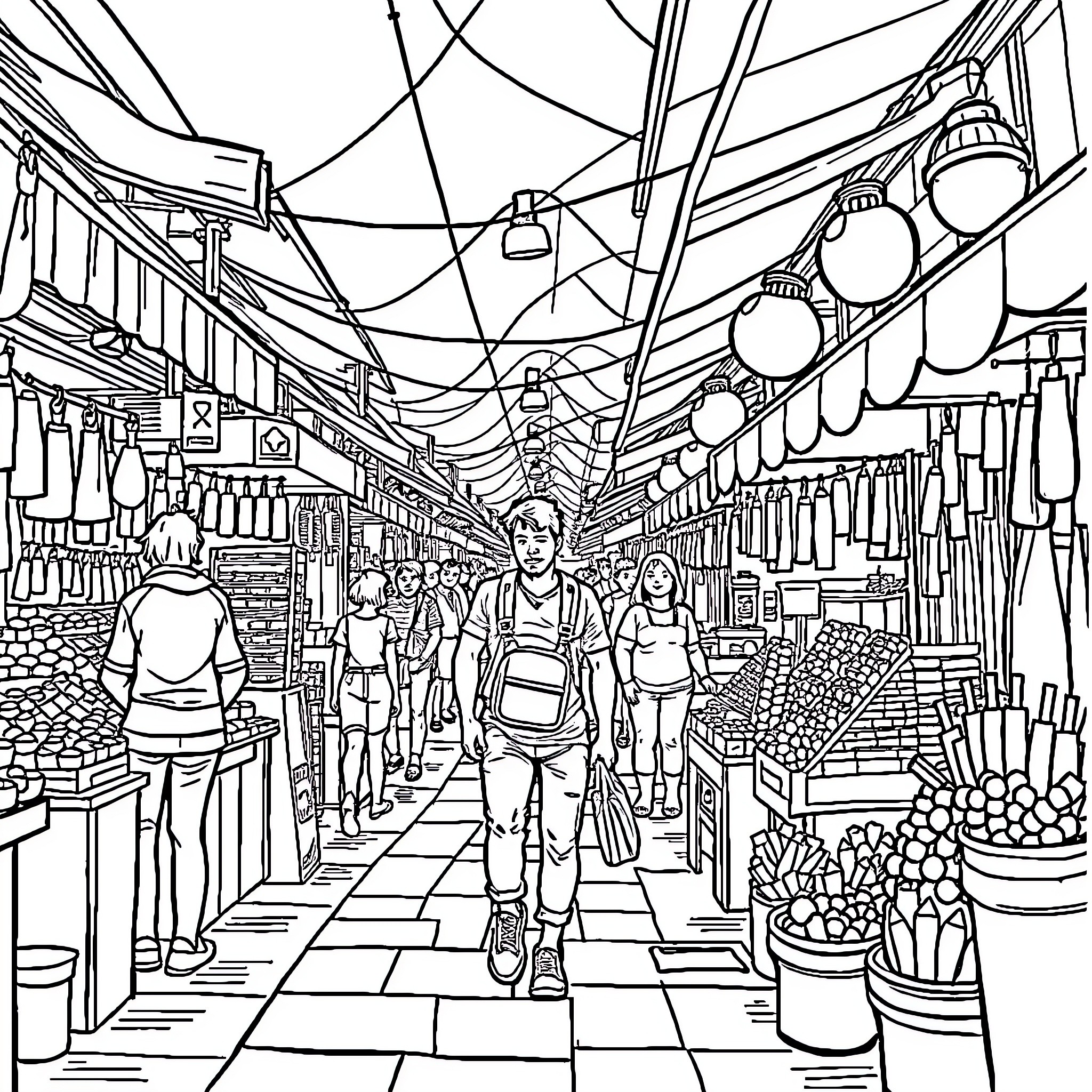Halk through bustling marketplace with stalls and shoppers Coloring Page (free black-and-white line drawing printable PDF for all, from beginners to advanced learners, including children, teens, adults, and seniors)