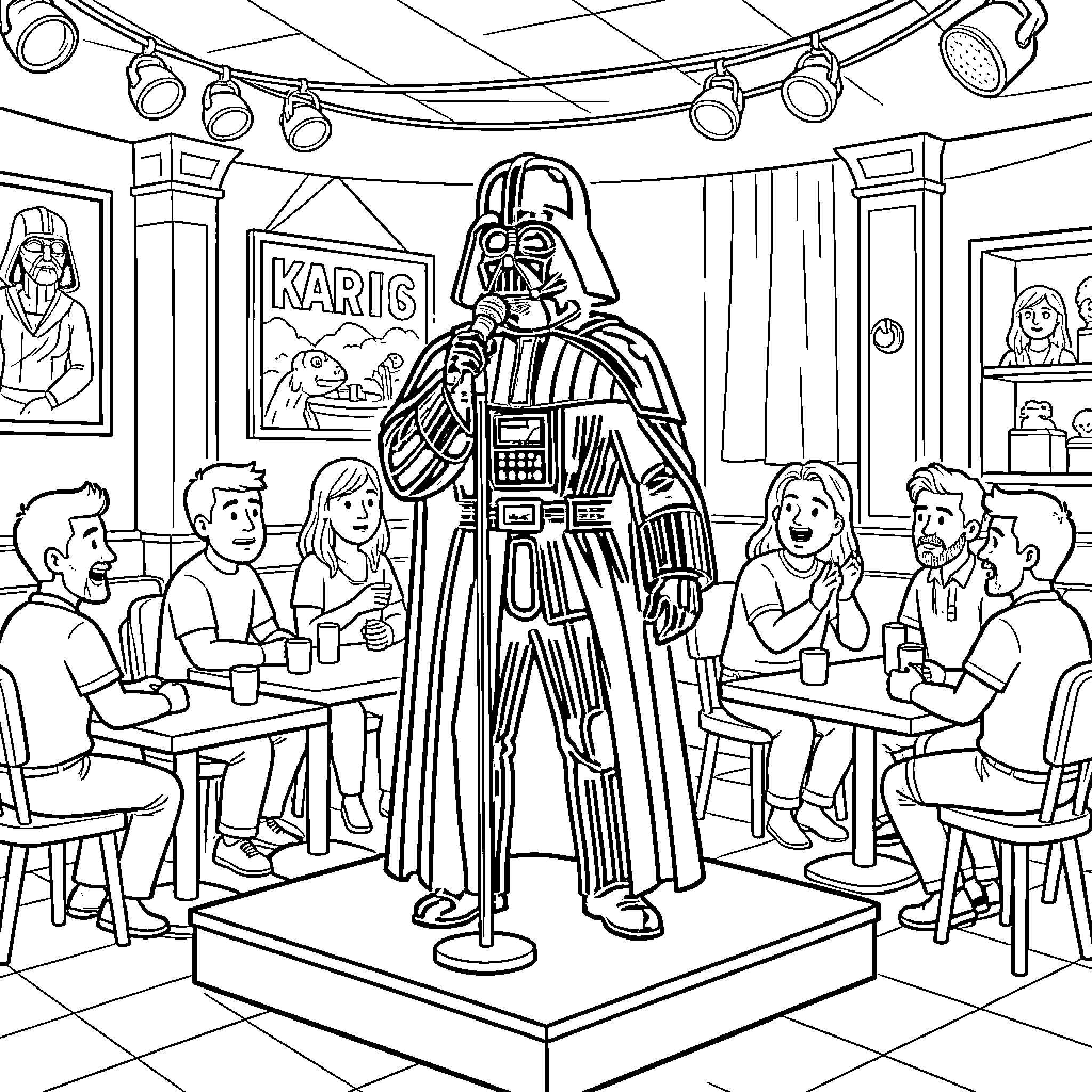 Darth Vader performing stand up comedy on stage Coloring Page (free black-and-white line drawing printable PDF for all, from beginners to advanced learners, including children, teens, adults, and seniors)