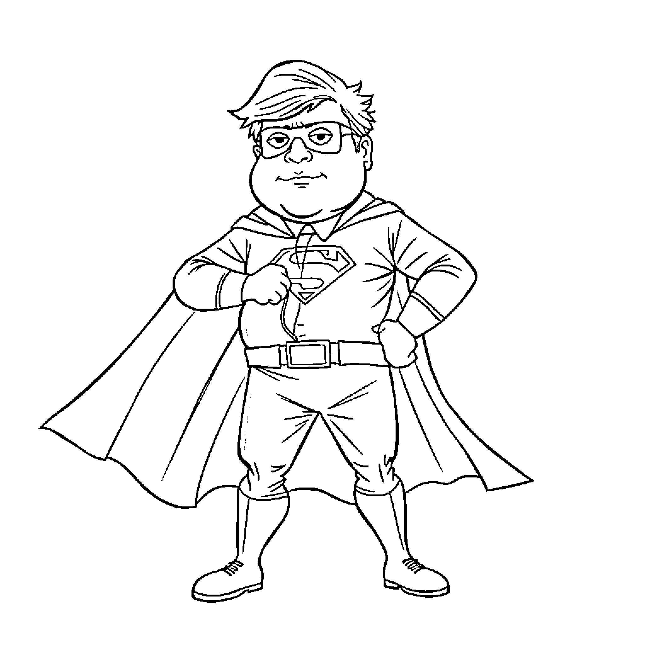 Boris Johnson as a Superhero Figure Coloring Page (free black-and-white line drawing printable PDF for all, from beginners to advanced learners, including children, teens, adults, and seniors)