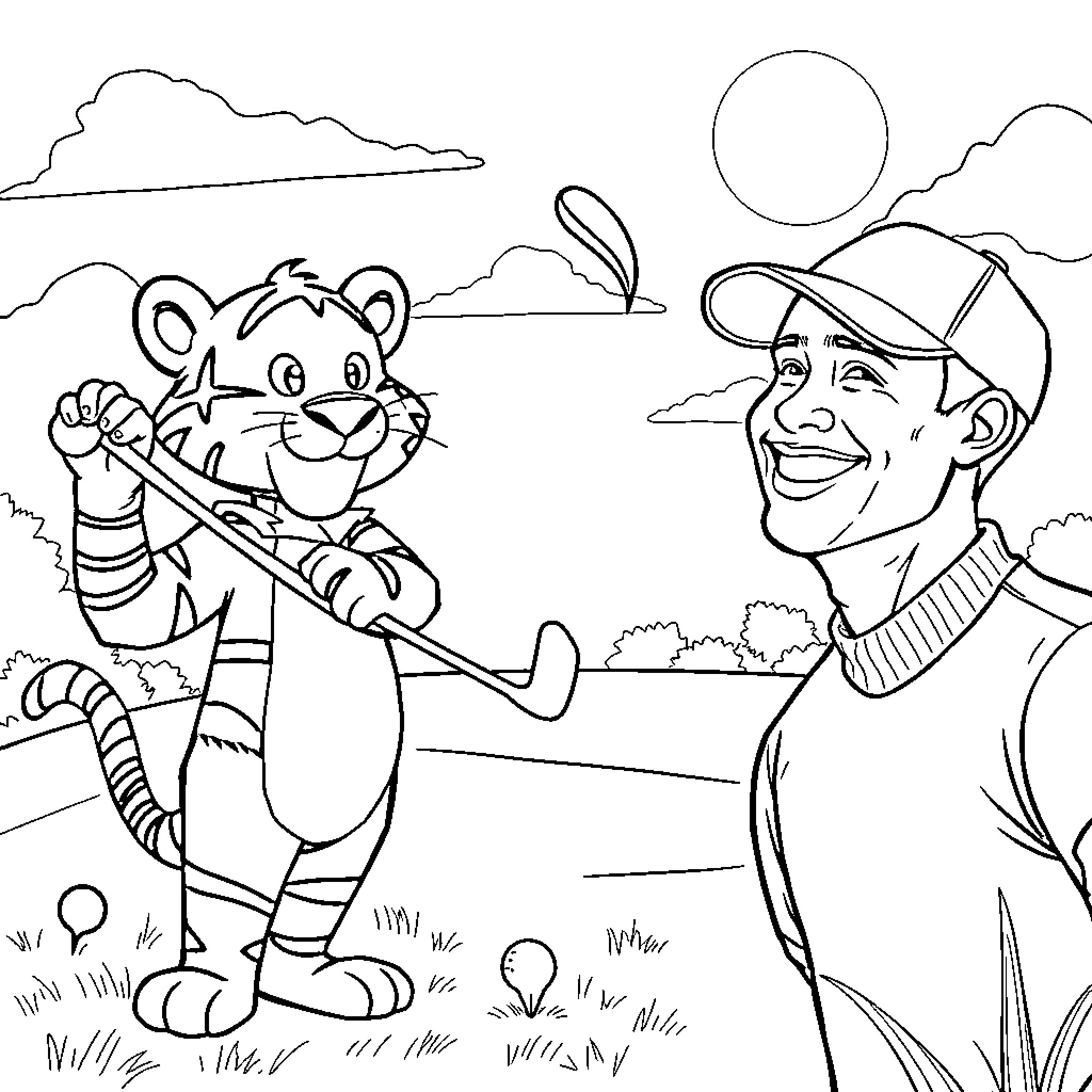 Tiger and man fishing together in scenic outdoor setting Coloring Page (free black-and-white line drawing printable PDF for all, from beginners to advanced learners, including children, teens, adults, and seniors)