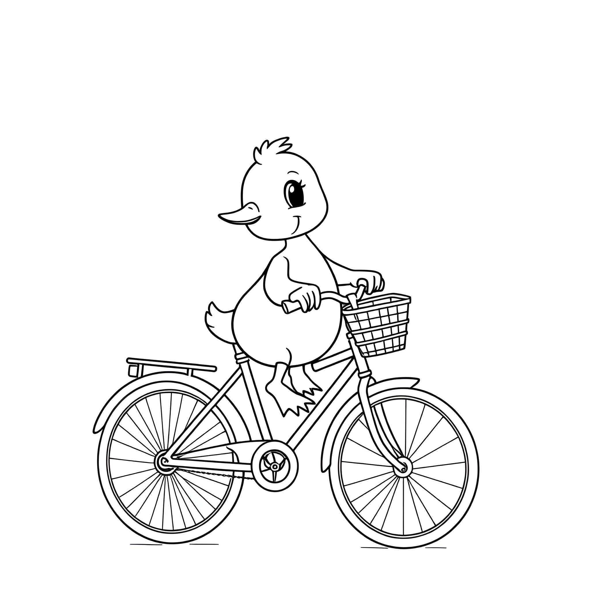 Duck riding a bicycle with a basket Coloring Page (free black-and-white line drawing printable PDF for all, from beginners to advanced learners, including children, teens, adults, and seniors)