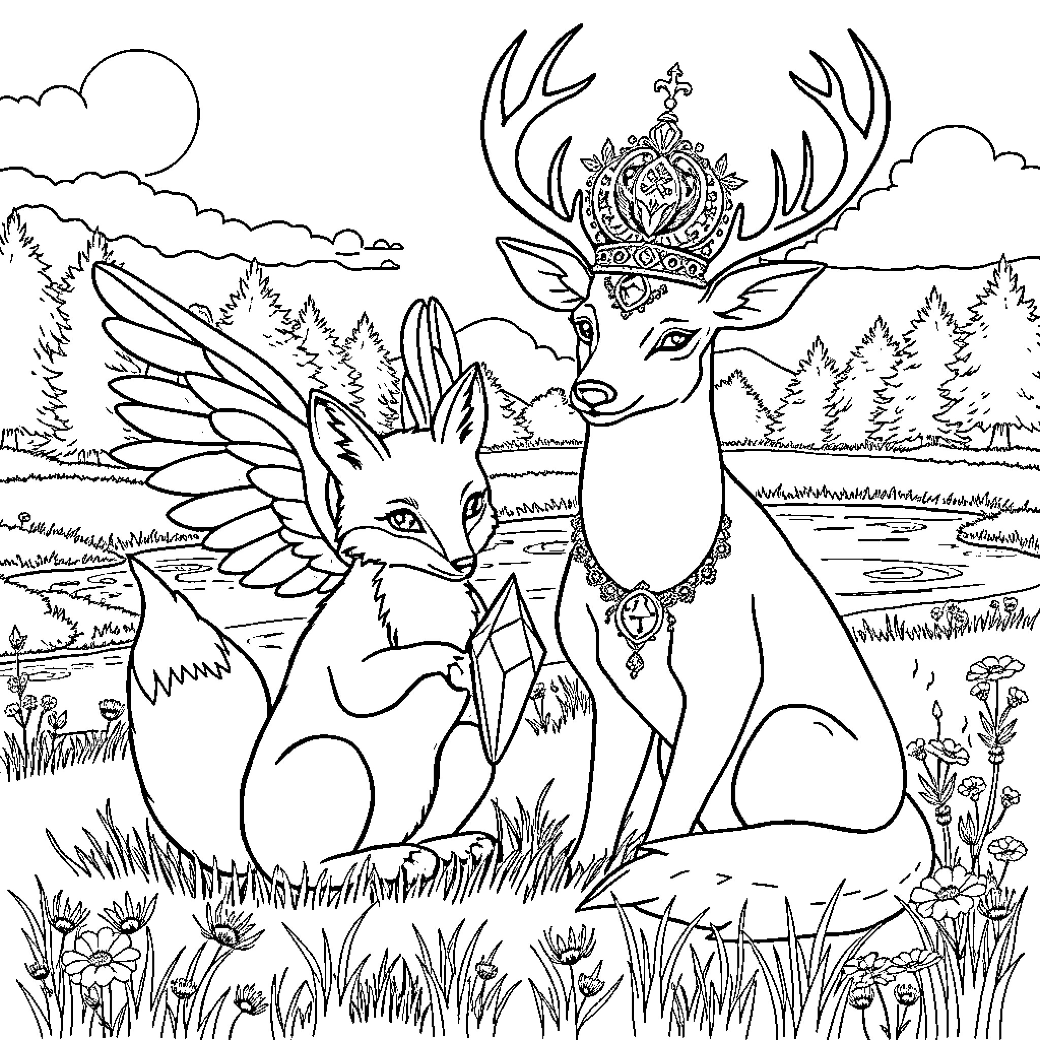 Fox and Winged Deer in Enchanted Forest Coloring Page (free black-and-white line drawing printable PDF for all, from beginners to advanced learners, including children, teens, adults, and seniors)