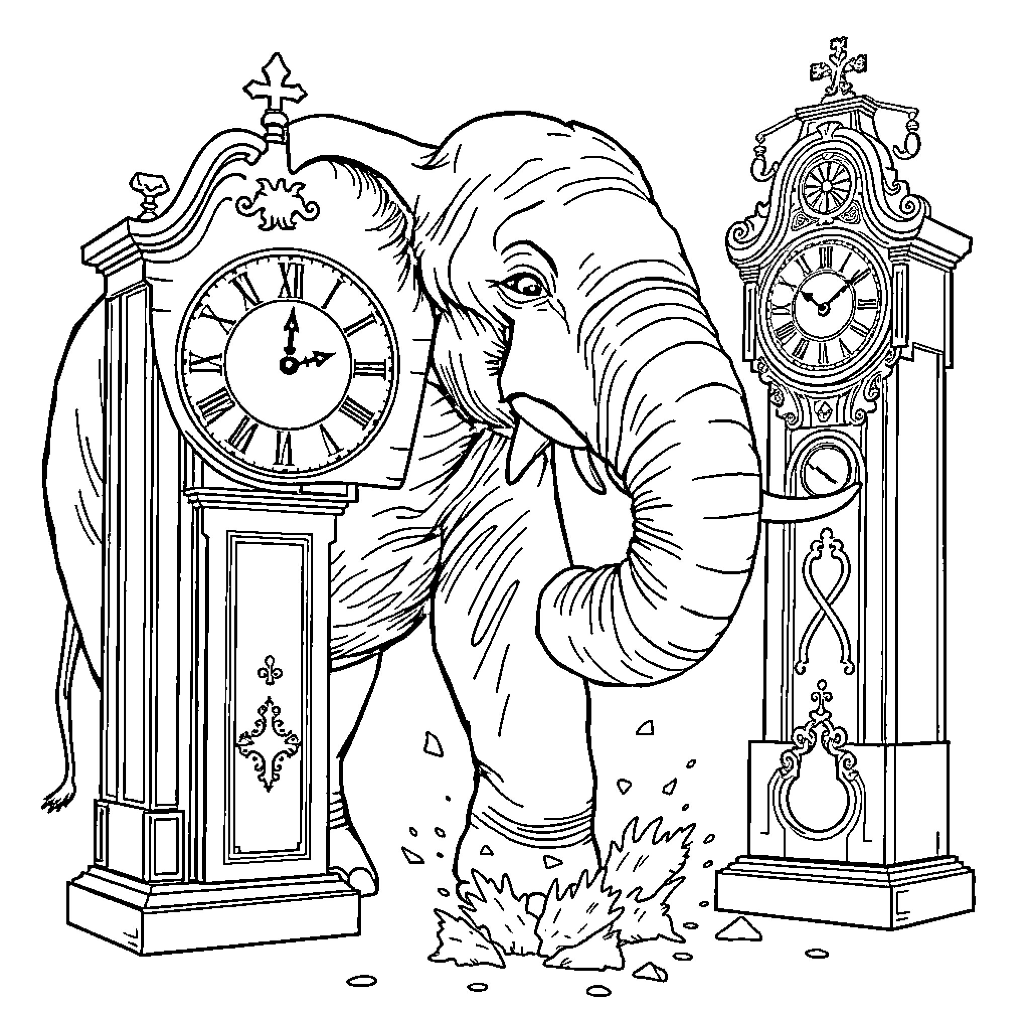 Elephant destroying antique grandfather clocks Coloring Page (free black-and-white line drawing printable PDF for all, from beginners to advanced learners, including children, teens, adults, and seniors)