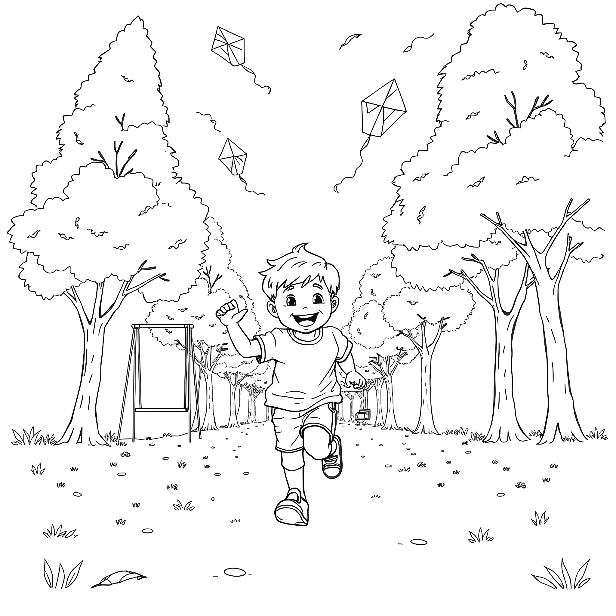 Boy playing joyfully with kites in the park Coloring Page (free black-and-white line drawing printable PDF for all, from beginners to advanced learners, including children, teens, adults, and seniors)