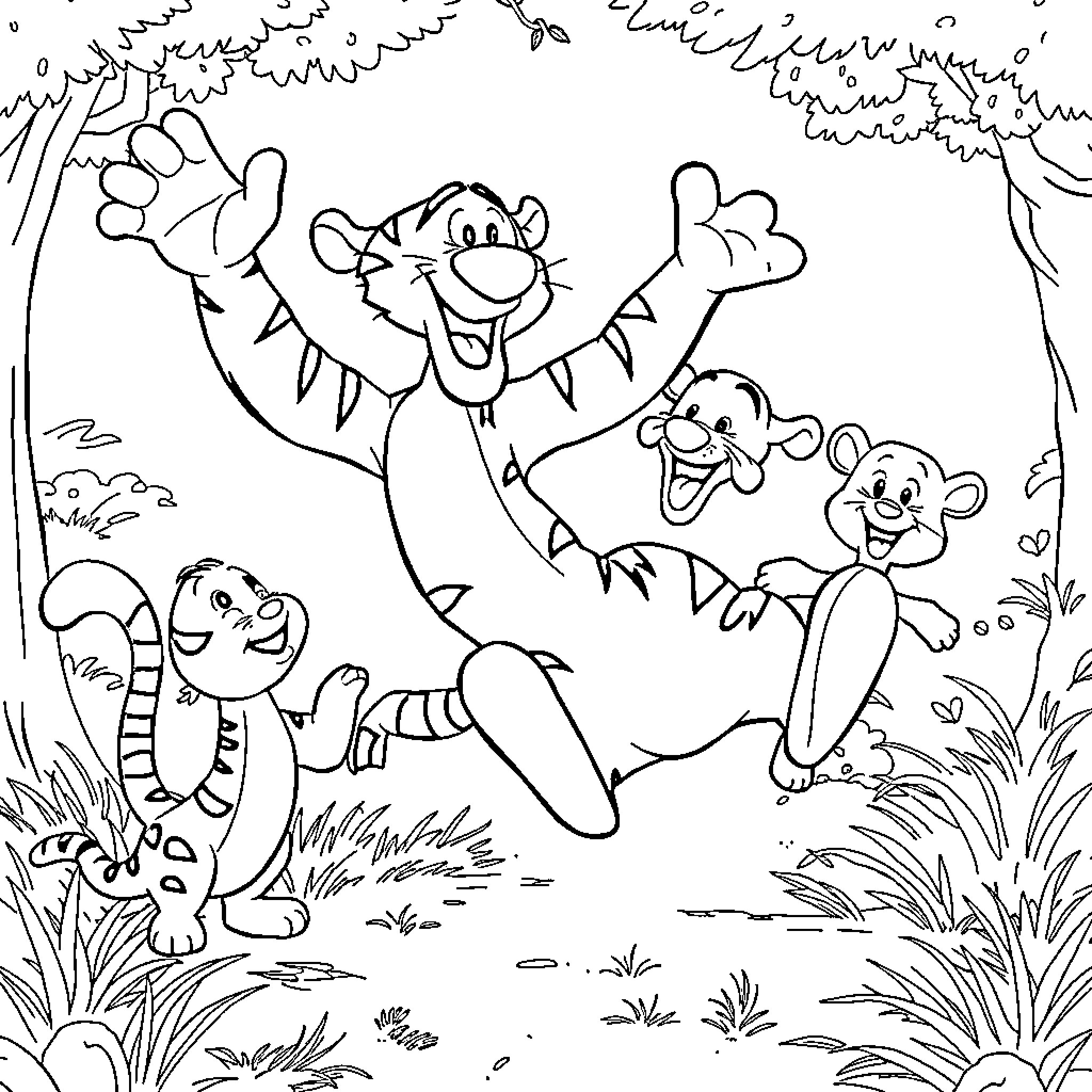 Tigger bouncing with friends in the jungle Coloring Page (free black-and-white line drawing printable PDF for all, from beginners to advanced learners, including children, teens, adults, and seniors)