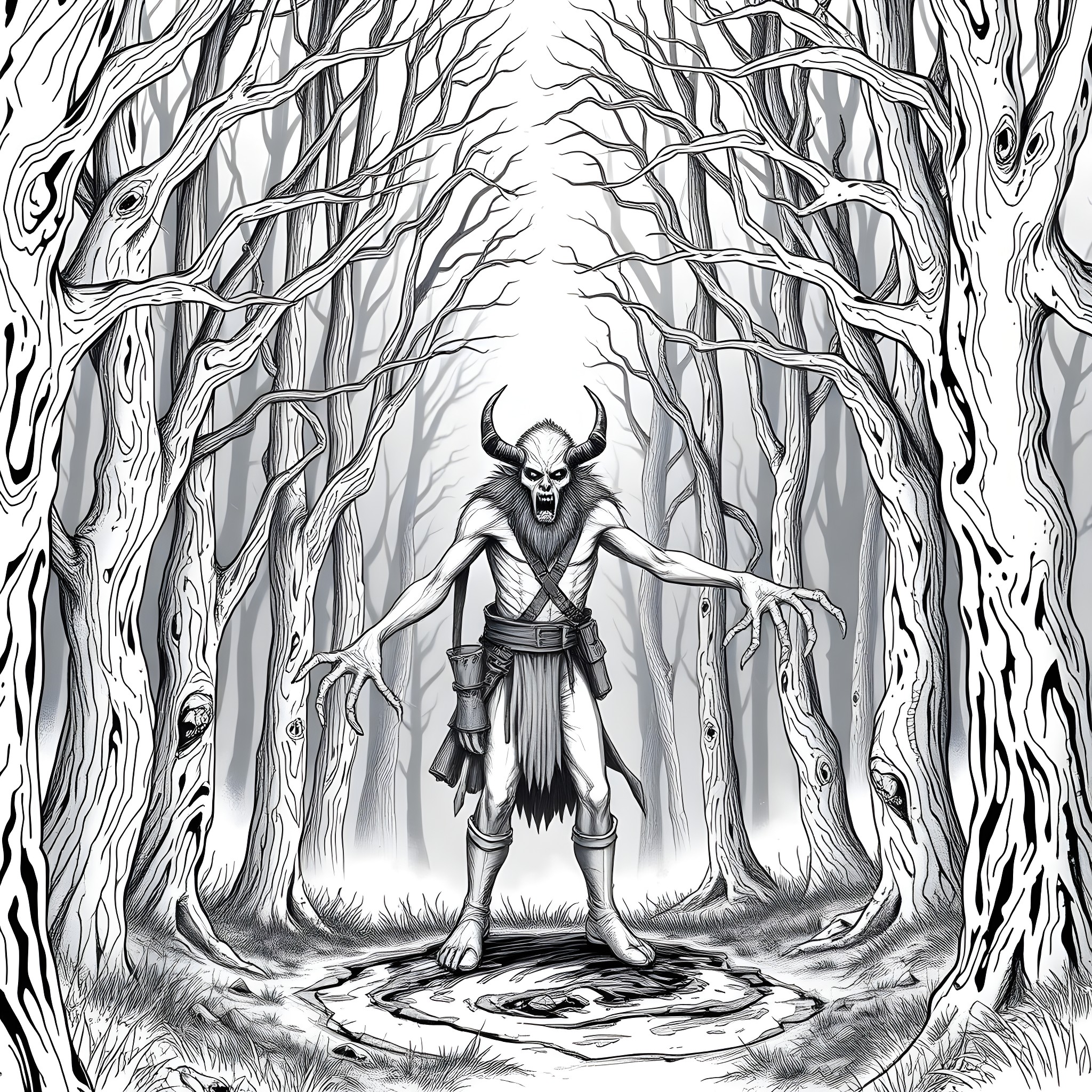 Hunter Encounters the Demonic Creature in the Enchanted Forest Coloring Page (free black-and-white line drawing printable PDF for all, from beginners to advanced learners, including children, teens, adults, and seniors)