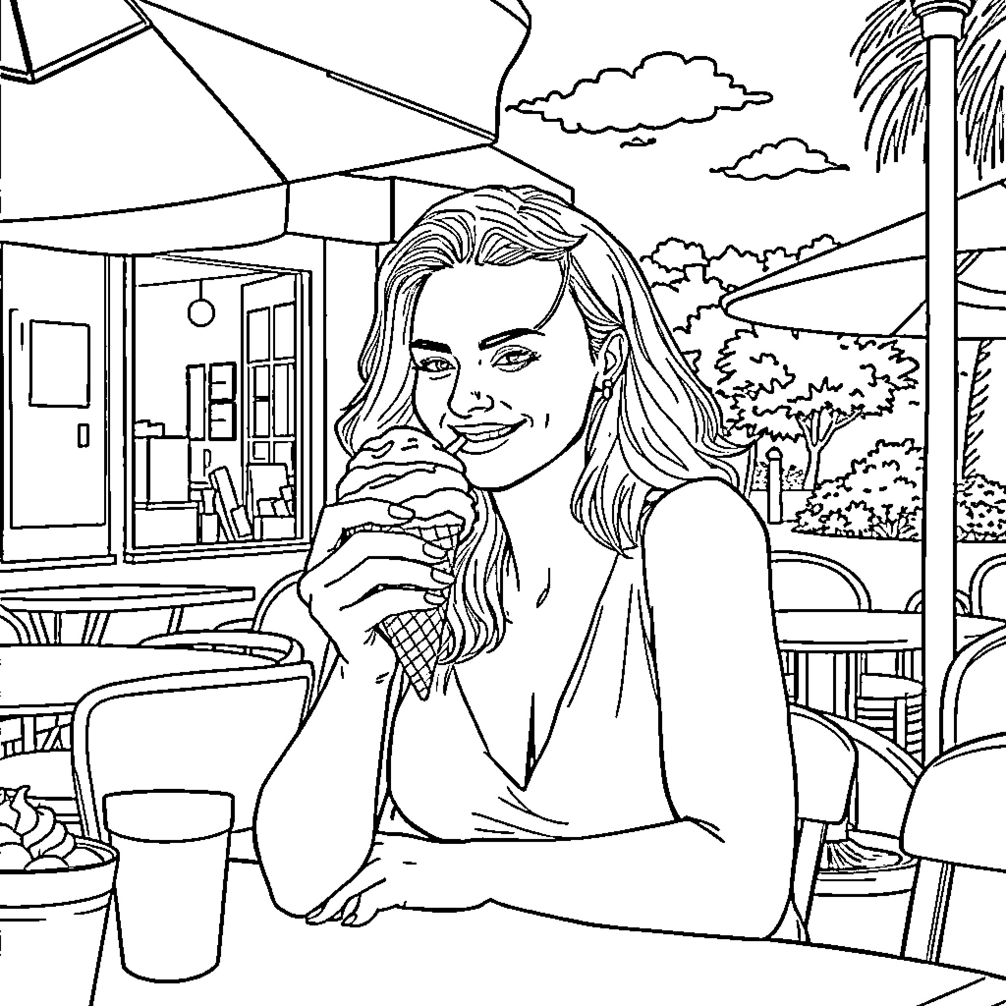 Margot Robbie enjoying a relaxing outdoor cafe scene Coloring Page (free black-and-white line drawing printable PDF for all, from beginners to advanced learners, including children, teens, adults, and seniors)