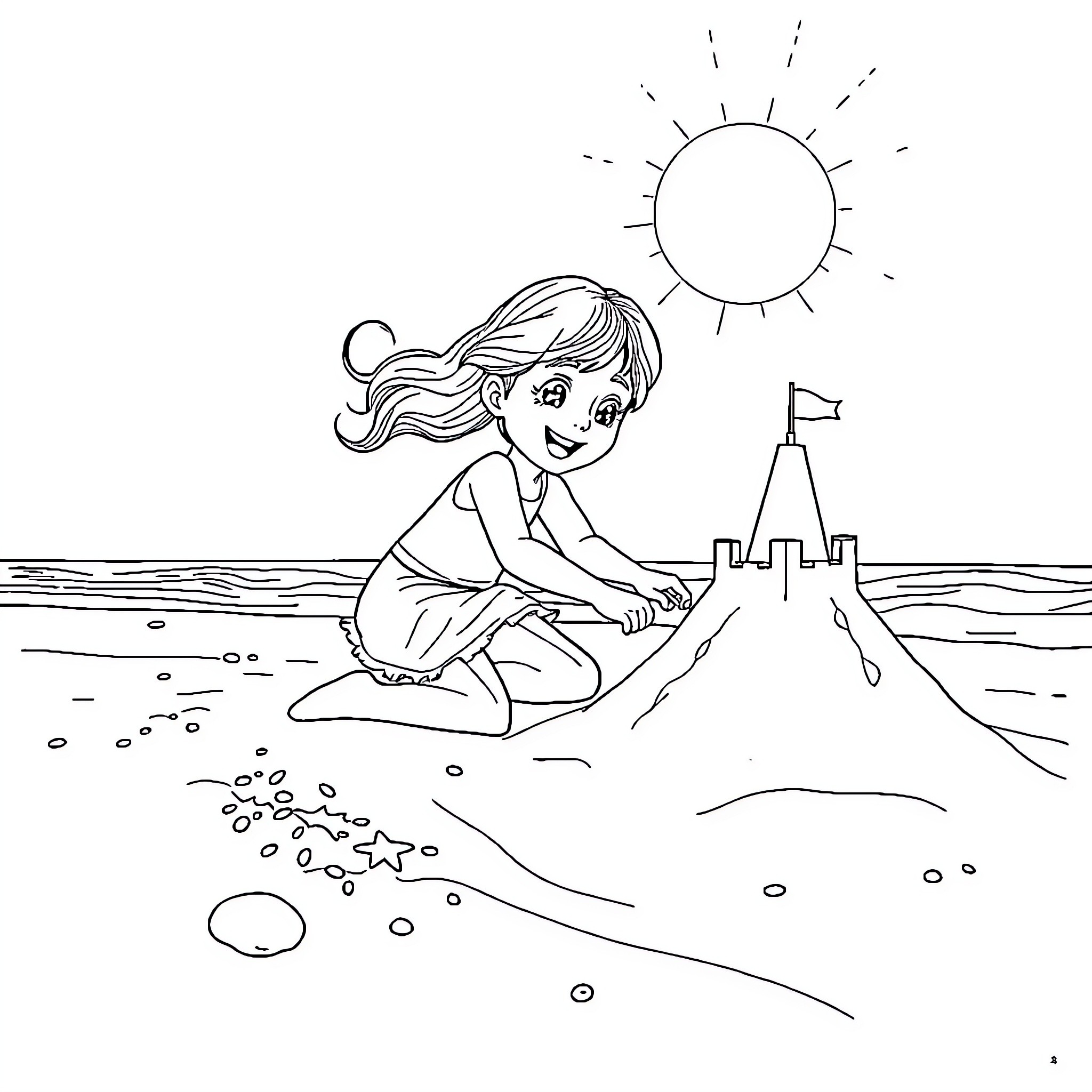 Girl building sandcastle on the beach Coloring Page (free black-and-white line drawing printable PDF for all, from beginners to advanced learners, including children, teens, adults, and seniors)