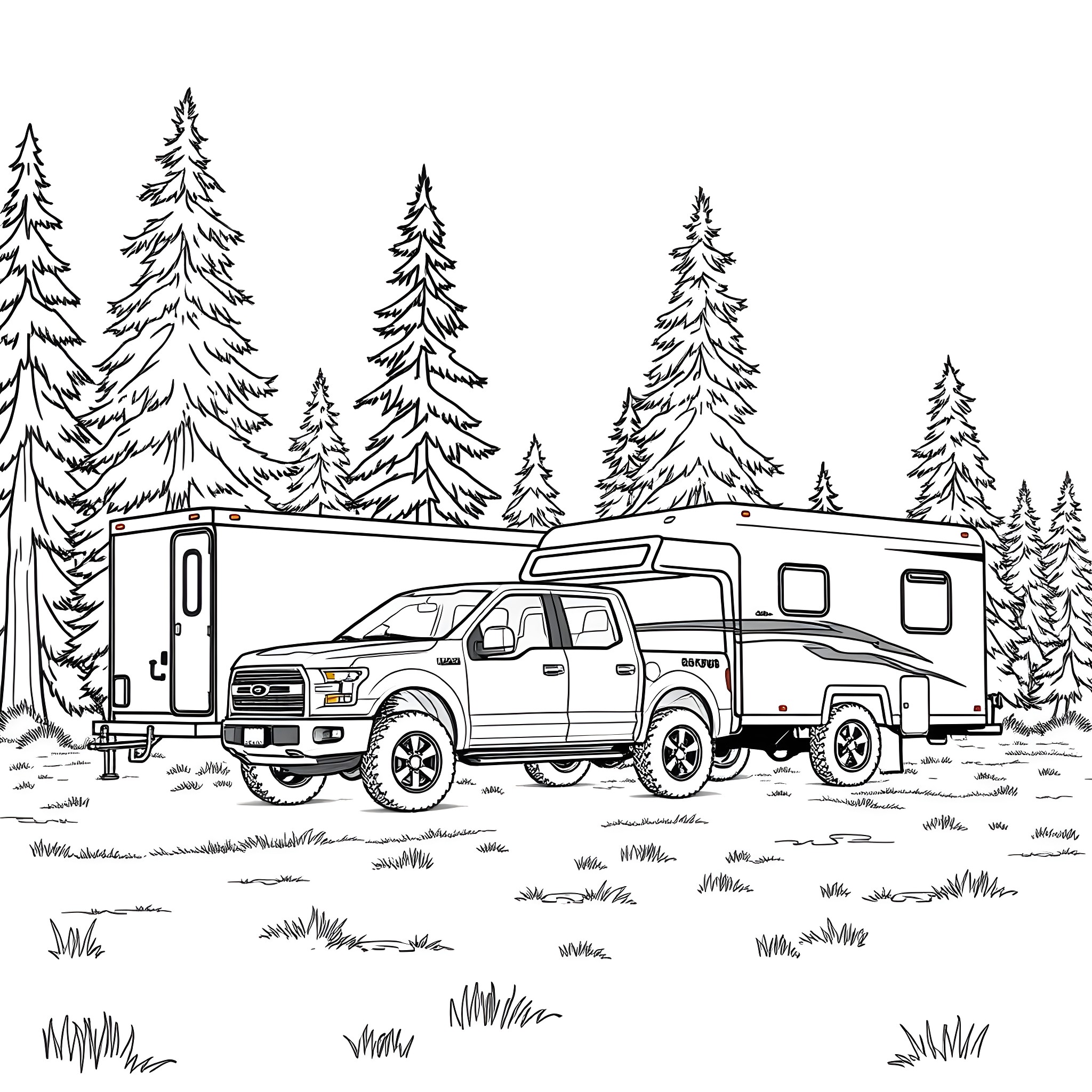 Pickup truck towing a camper in the woods Coloring Page (free black-and-white line drawing printable PDF for all, from beginners to advanced learners, including children, teens, adults, and seniors)
