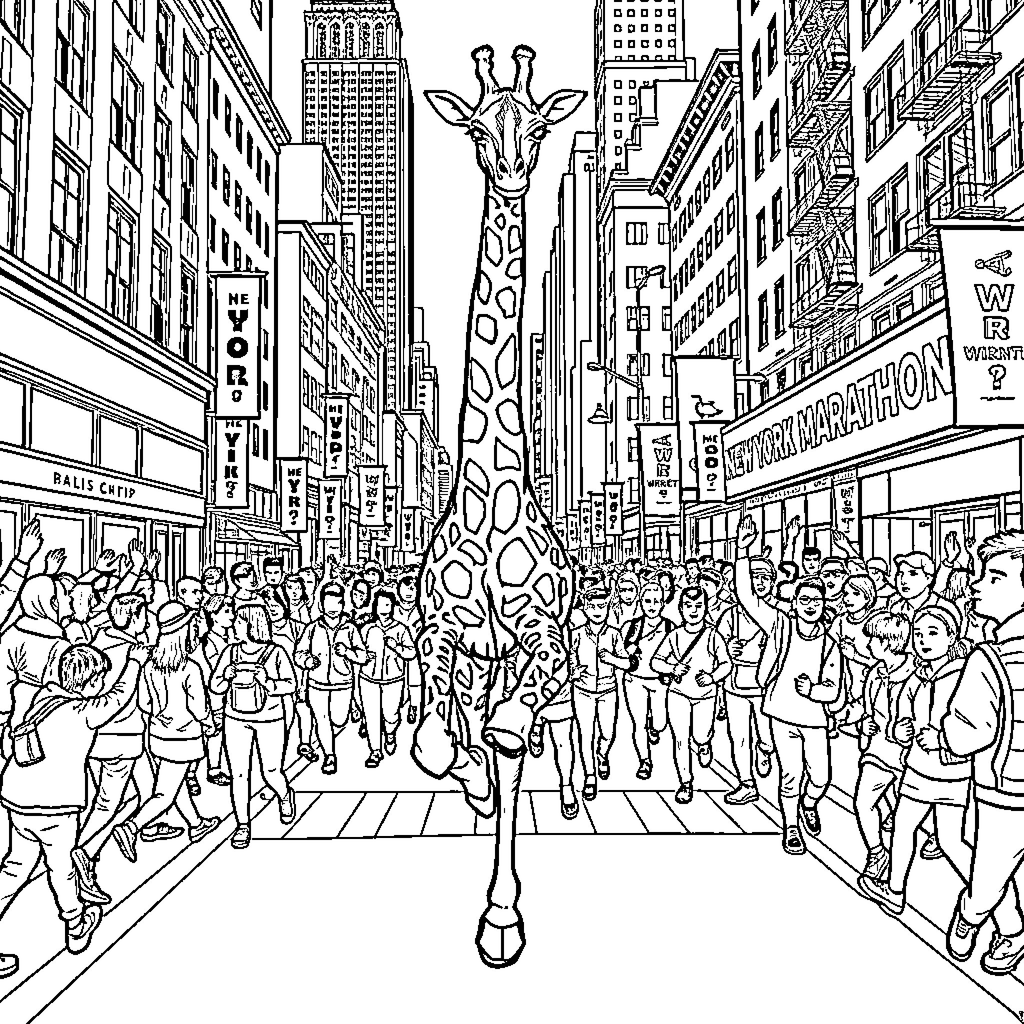 Giraffe among the city crowd Coloring Page (free black-and-white line drawing printable PDF for all, from beginners to advanced learners, including children, teens, adults, and seniors)