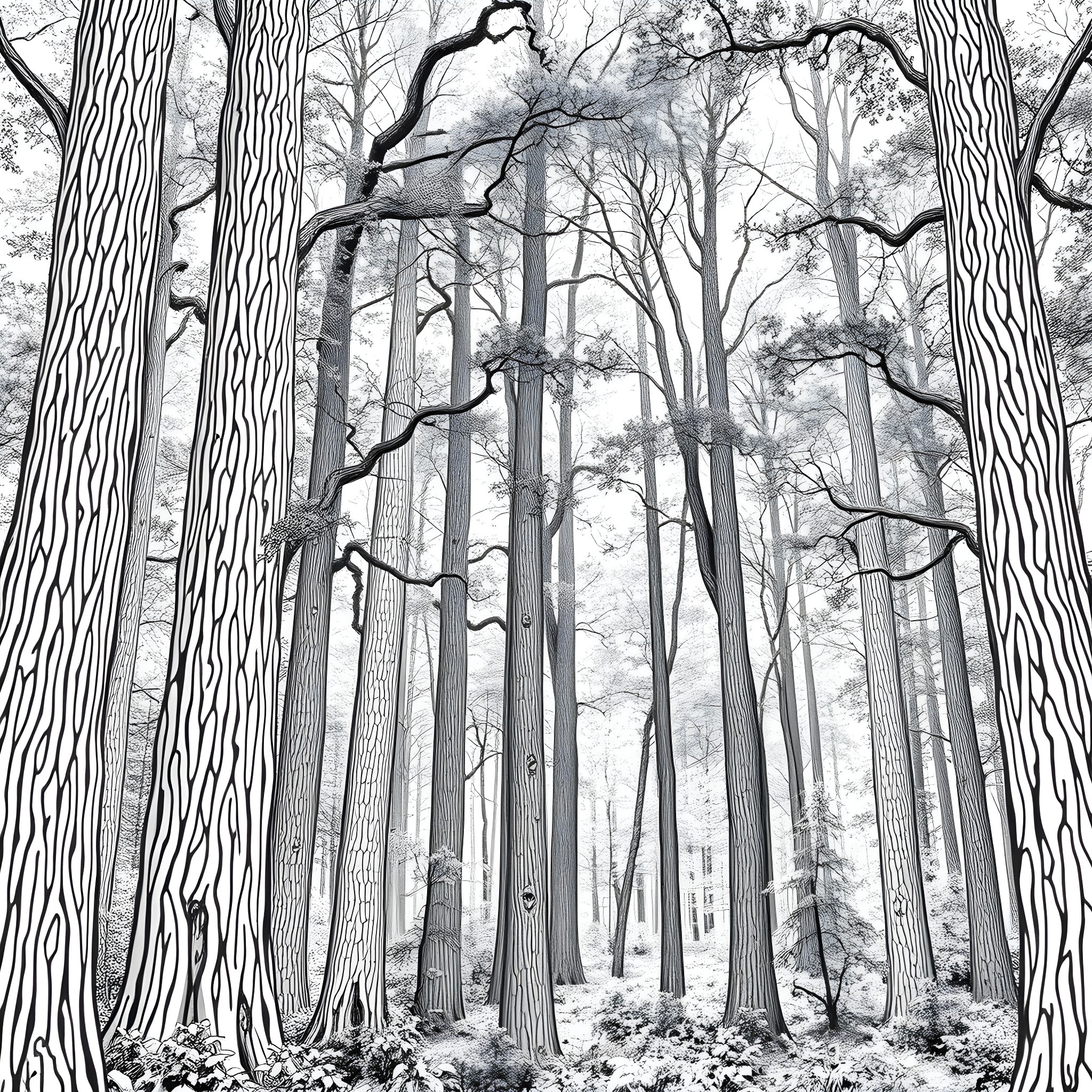 Tree trunks in a dense forest Coloring Page (free black-and-white line drawing printable PDF for all, from beginners to advanced learners, including children, teens, adults, and seniors)