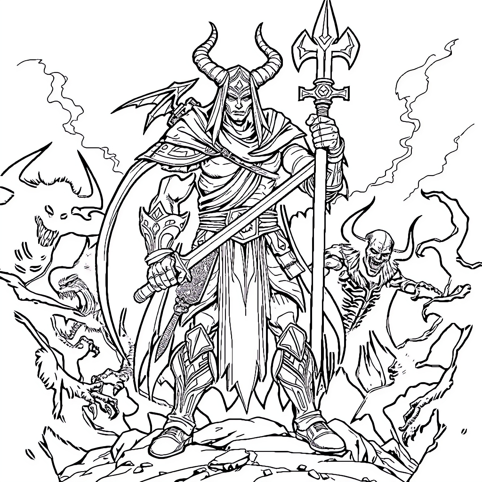 Demon Slayer in Fierce Battle with Supernatural Creatures Coloring Page (free black-and-white line drawing printable PDF for all, from beginners to advanced learners, including children, teens, adults, and seniors)