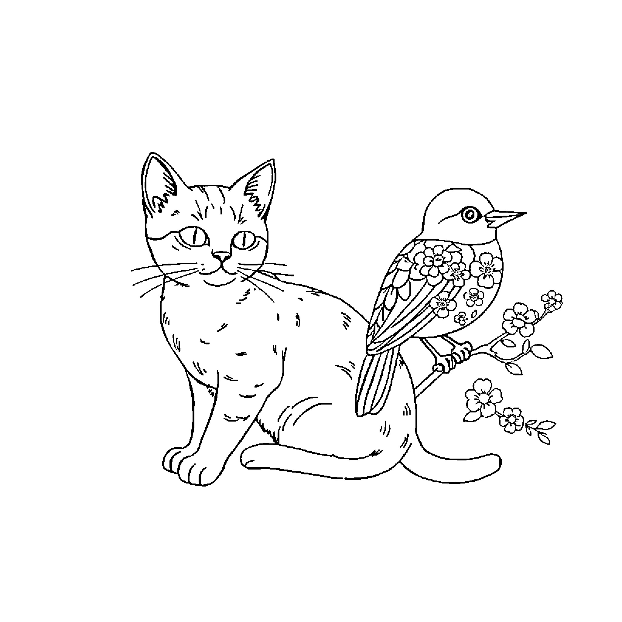 Chat with a Curious Cat and Colorful Bird Coloring Page (free black-and-white line drawing printable PDF for all, from beginners to advanced learners, including children, teens, adults, and seniors)