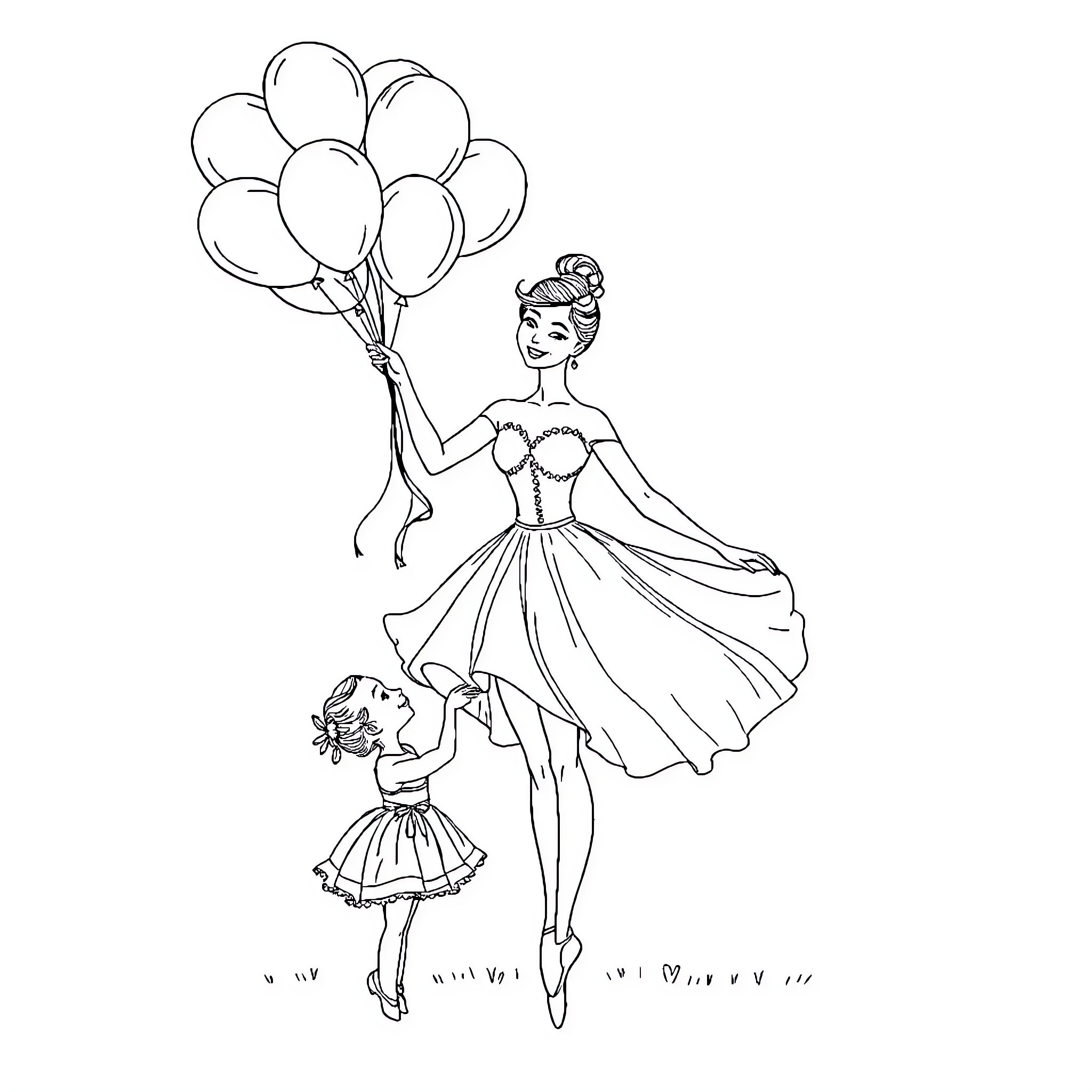 Ballerina holding colorful balloons and dancing Coloring Page (free black-and-white line drawing printable PDF for all, from beginners to advanced learners, including children, teens, adults, and seniors)