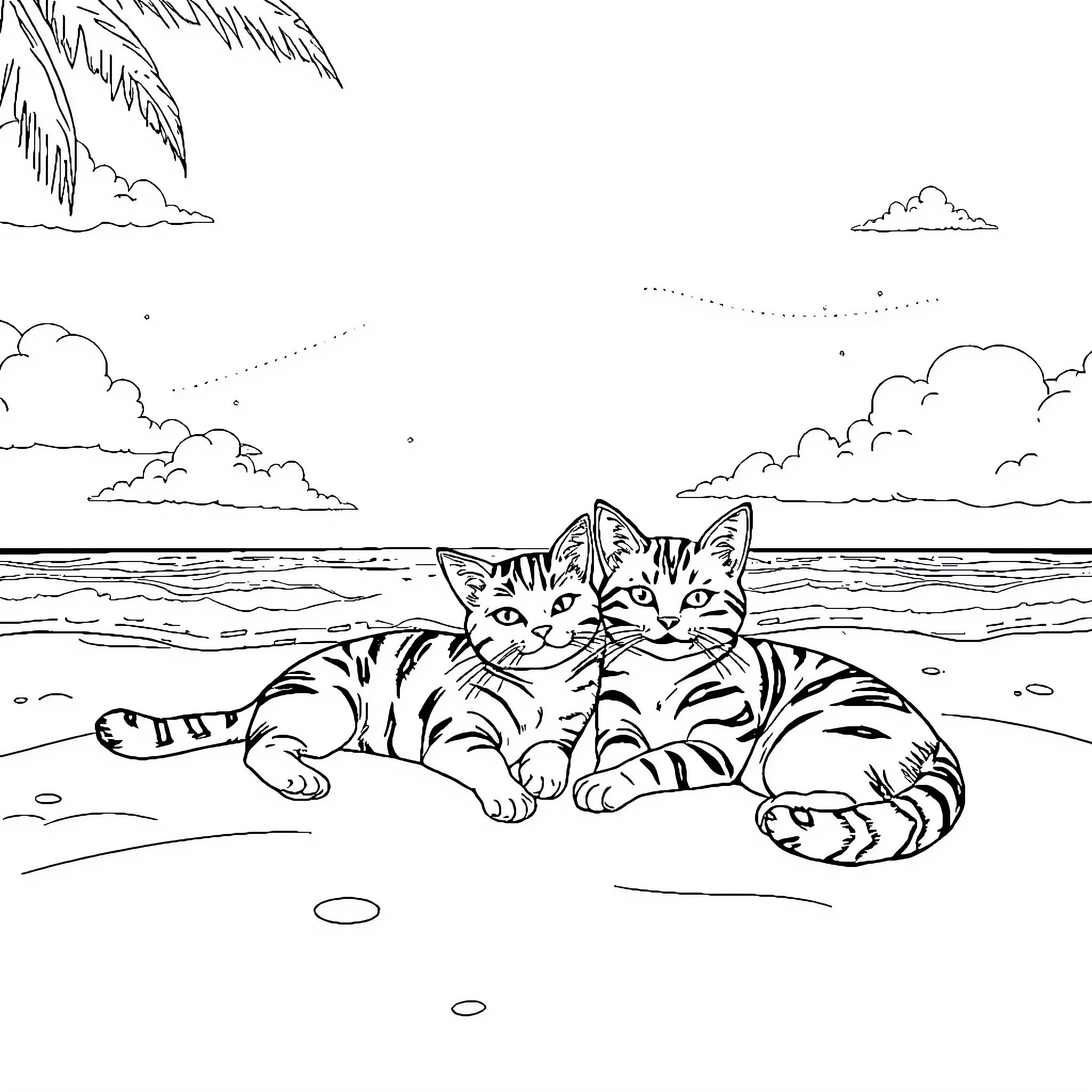 Cats relaxing on the beach Coloring Page (free black-and-white line drawing printable PDF for all, from beginners to advanced learners, including children, teens, adults, and seniors)